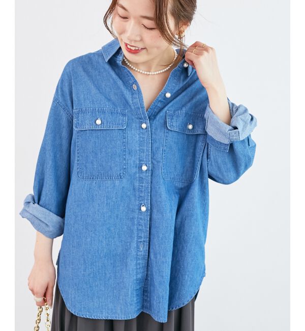 「《軽いシャツ素材》パールボタンデニムシャツ」|シャツ・ブラウス|ブルー