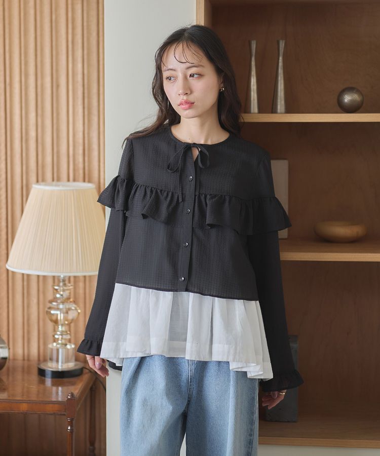 earth music&ecology「フリル切替えショートブラウス」|シャツ・ブラウス|