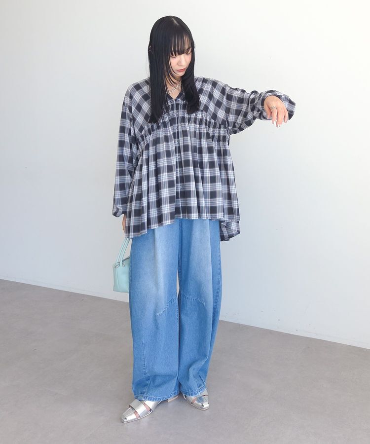 Green Parks「【しゃれシャツ】イージーケアVネックチェックブラウス」|シャツ・ブラウス|