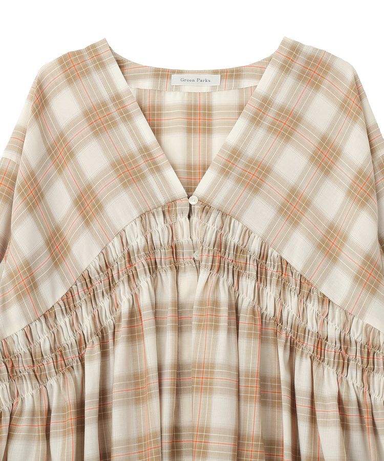 Green Parks「【しゃれシャツ】イージーケアVネックチェックブラウス」|シャツ・ブラウス|