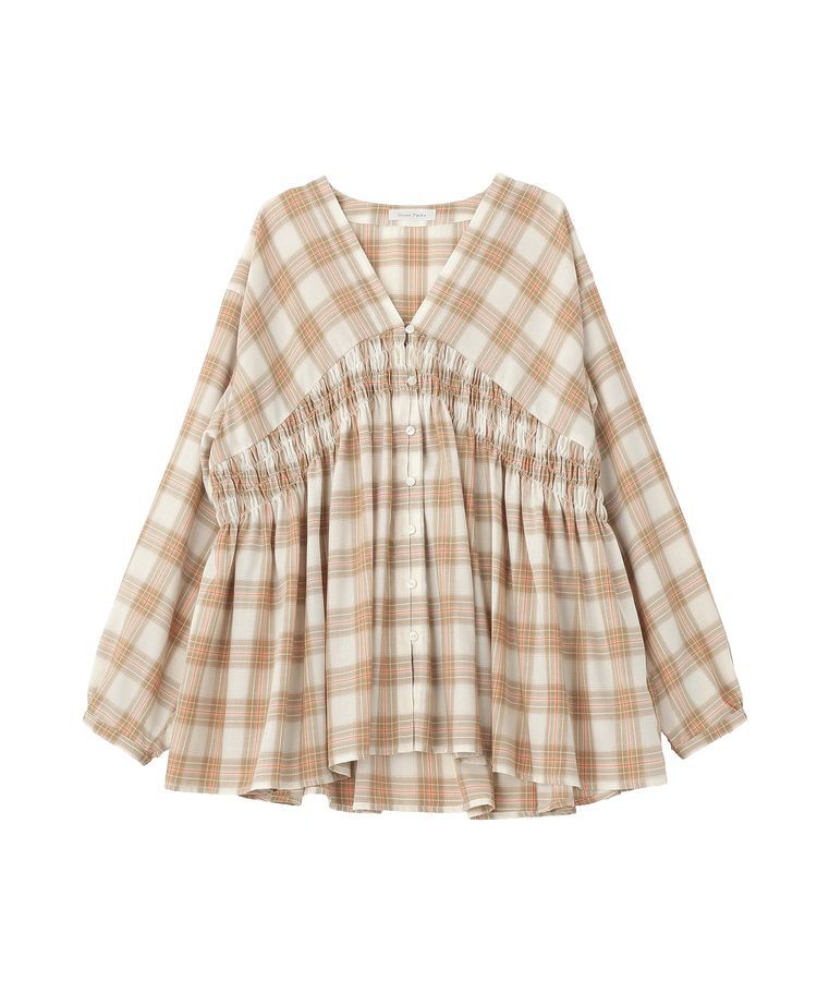 Green Parks「【しゃれシャツ】イージーケアVネックチェックブラウス」|シャツ・ブラウス|