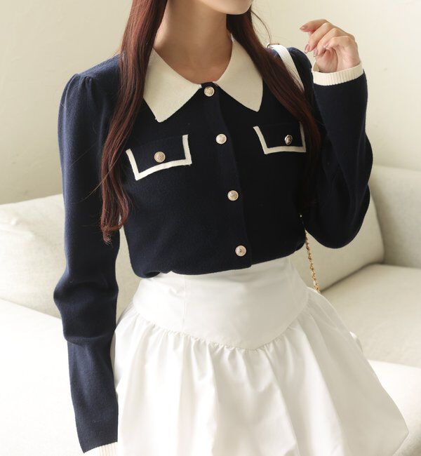  「金ボタン配色衿ニット」|ニット・セーター|