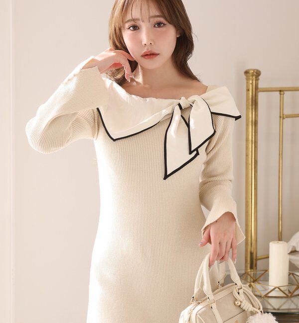  「異素材リボンニットロングワンピース」|ワンピース|