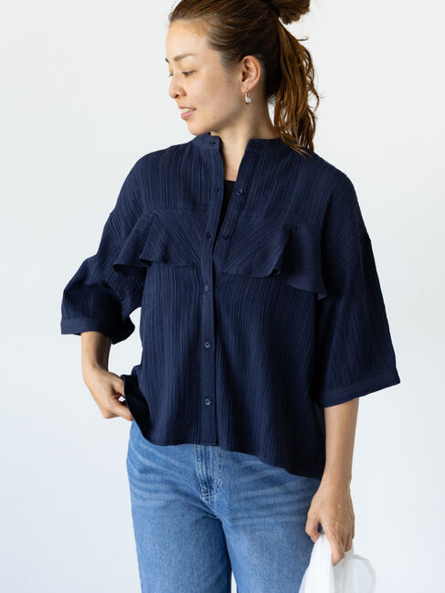 Lugnoncure「胸フリルバンドカラーシャツ」|シャツ・ブラウス|ネイビー