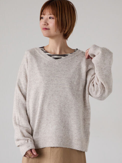 Lugnoncure「もちもちメランジVネックニット」|ニット・セーター|ベージュ