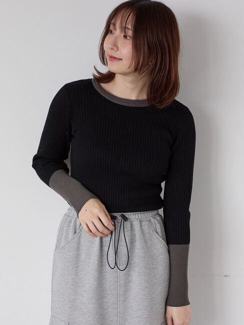 Te chichi TERRASSE「袖バイカラーリブニット」|ニット・セーター|ブラック