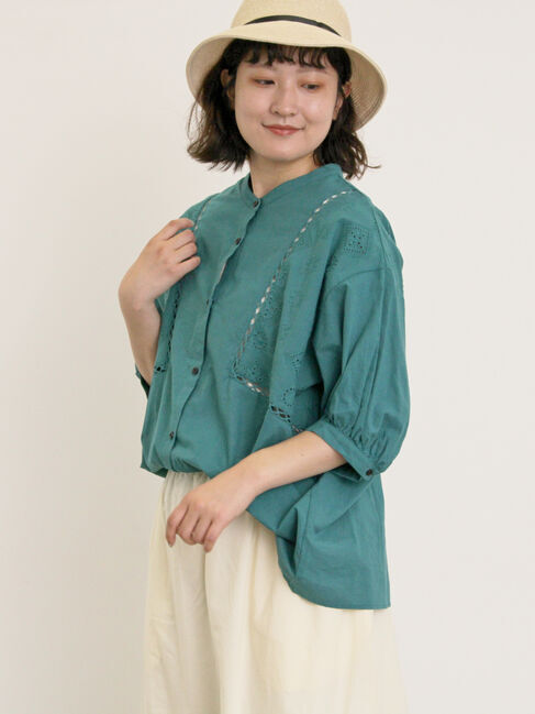Samansa Mos2「レース切替バンドカラーブラウス」|シャツ・ブラウス|グリーン