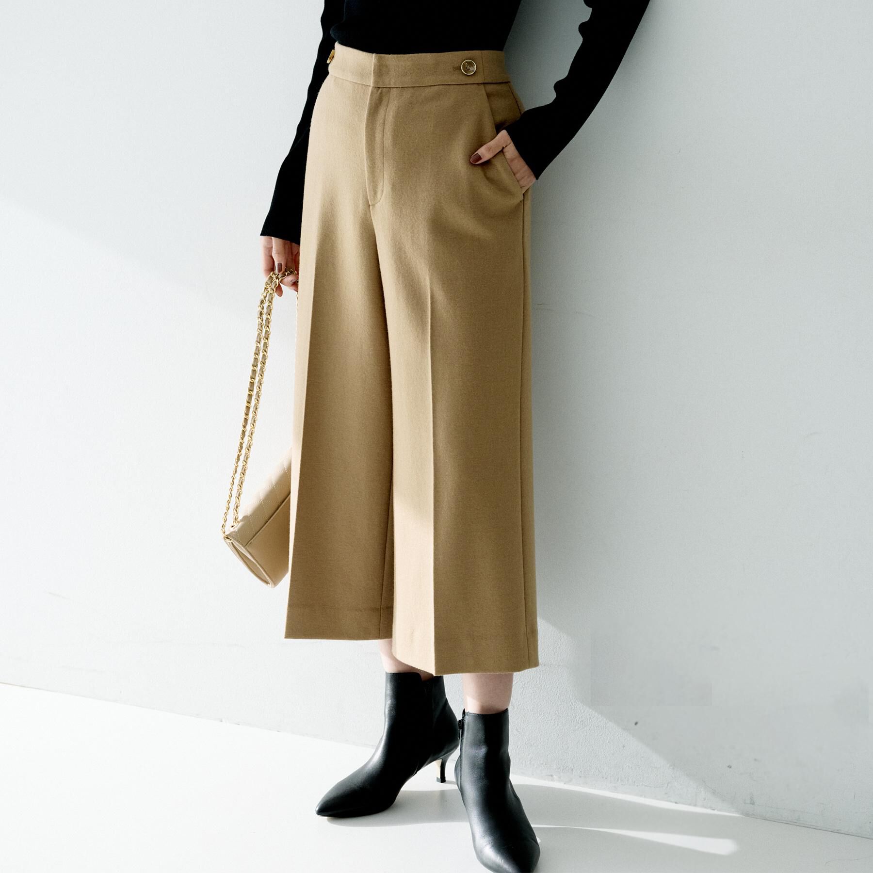 UNTITLED「【ウール100%/ウエスト後ろゴム】 クロップドワイドパンツ」|その他|キャメルブラウン(0