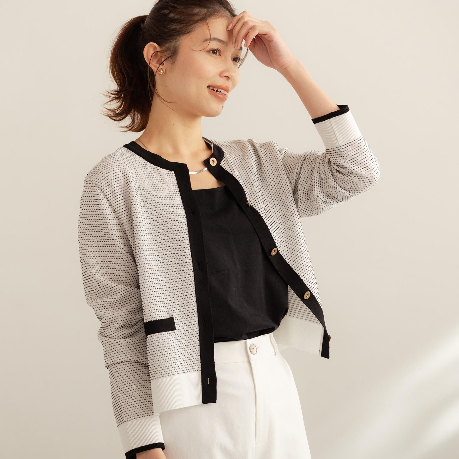 UNTITLED「【セットアップ可/ツイード風】配色ハイゲージニットカーディガン」|カーディガン|ホワイト(501)