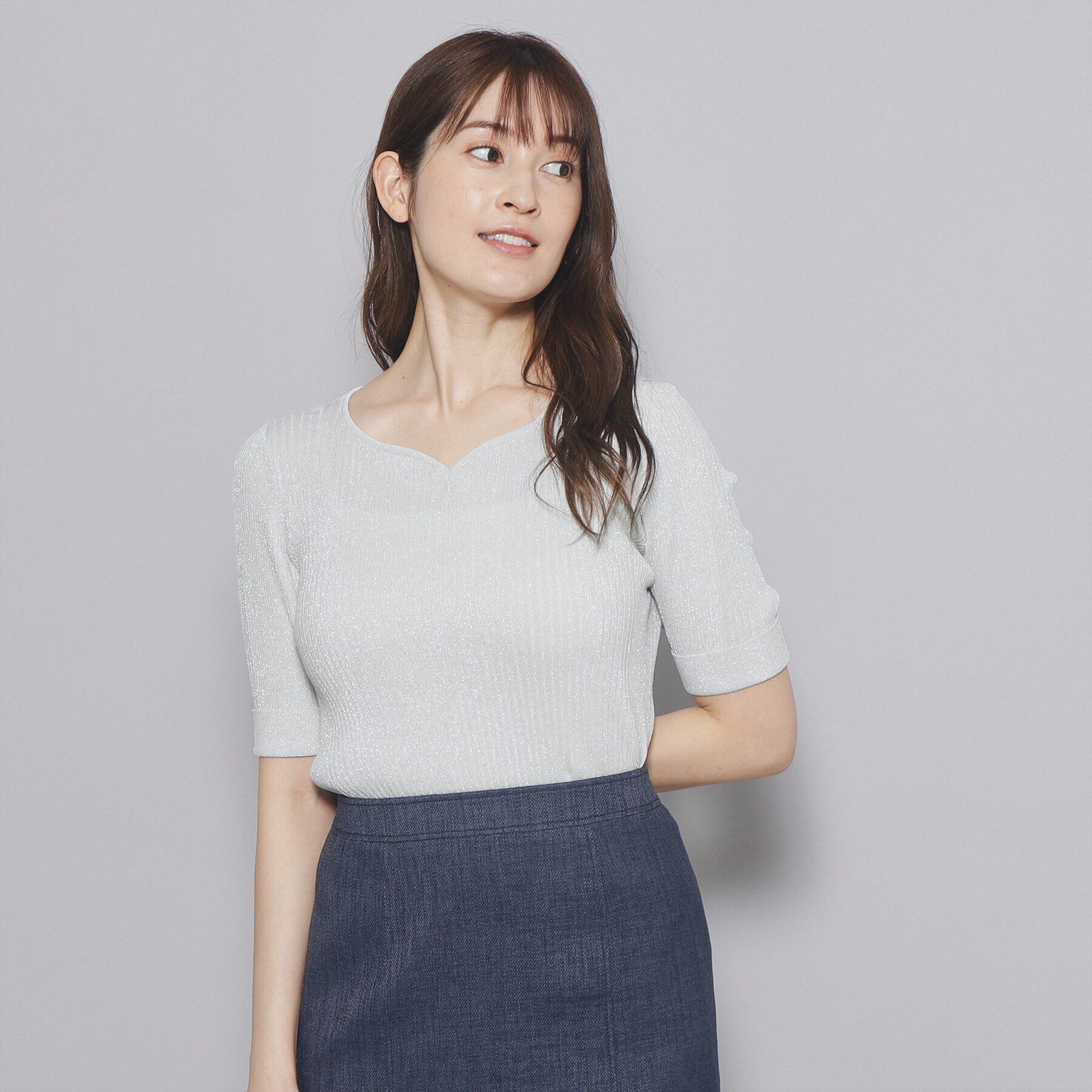COUP DE CHANCE「【洗える／日本製／ハートネック】5分袖ラメ入りニットトップス」|ニット・セーター|