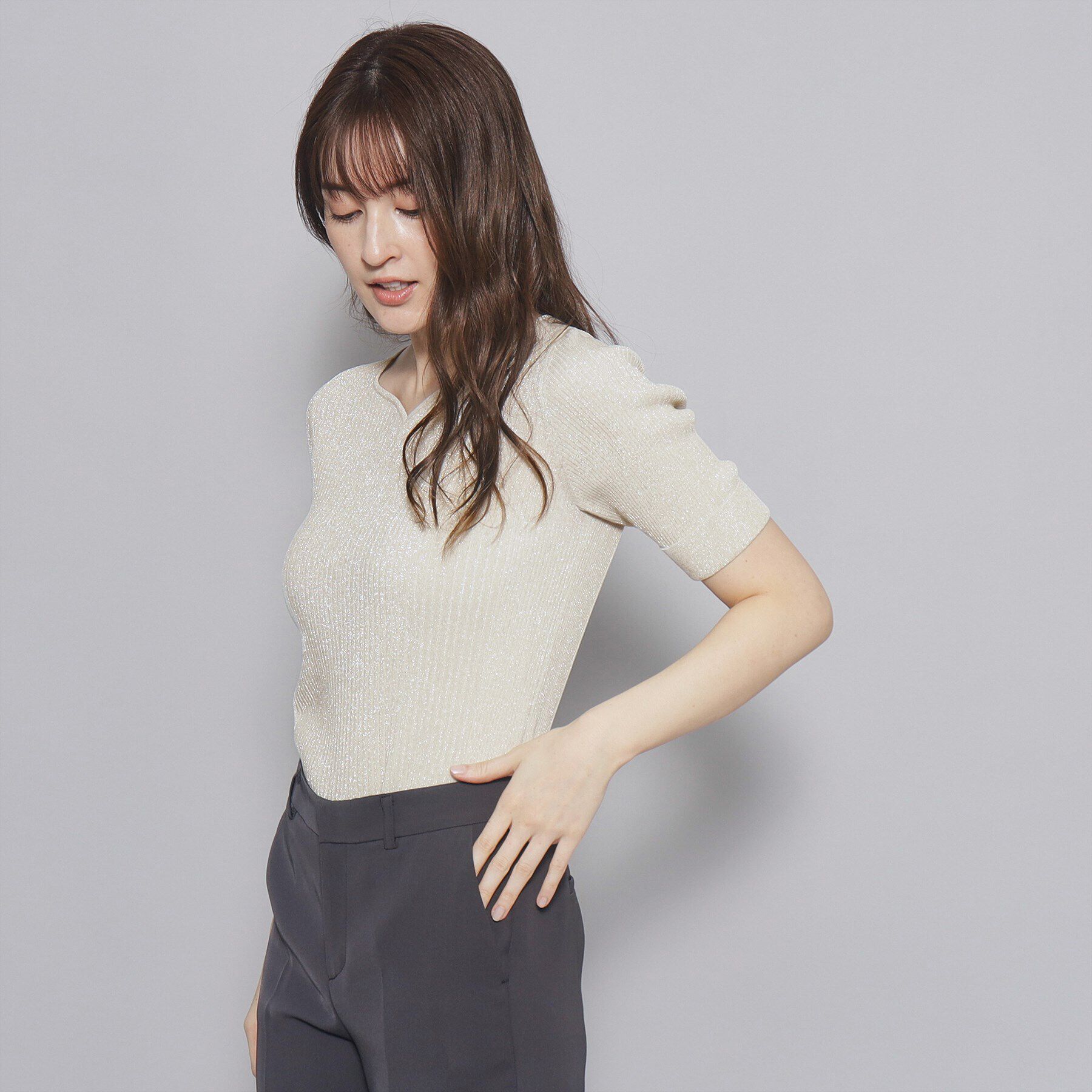 COUP DE CHANCE「【洗える／日本製／ハートネック】5分袖ラメ入りニットトップス」|ニット・セーター|
