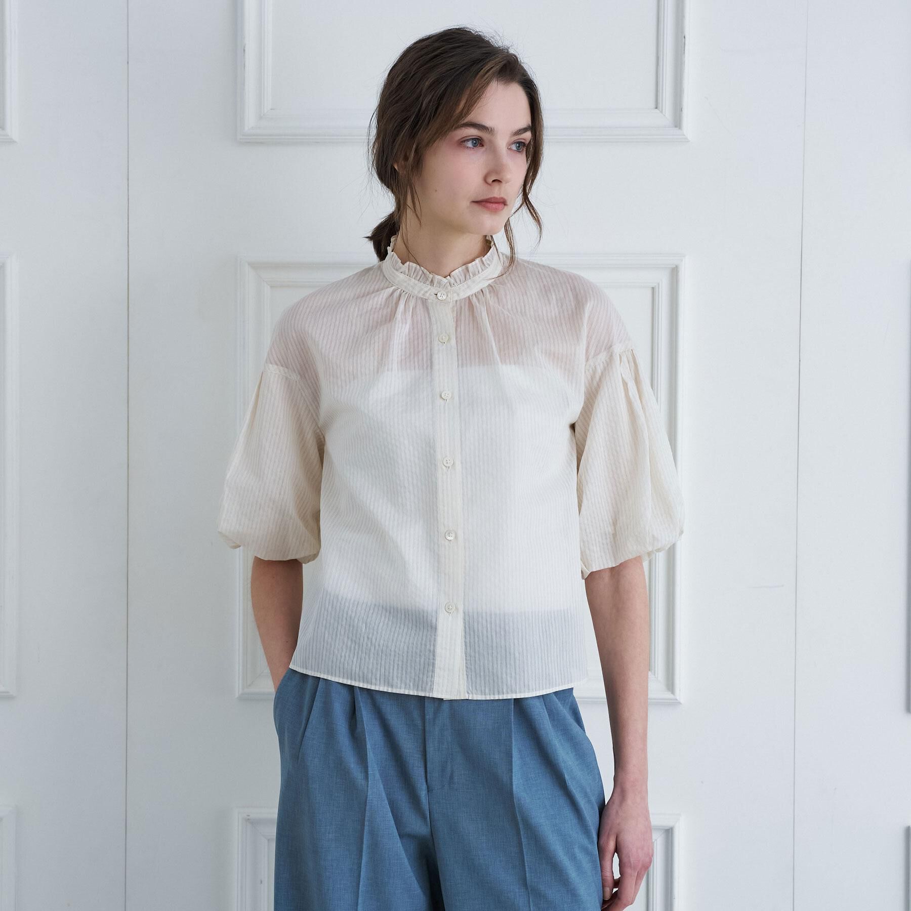 DRESSTERIOR「【1枚で着映え/ウォッシャブル】ストライプスタンドフリルボリュームスリーブブラウス」|シャツ・ブラウス|