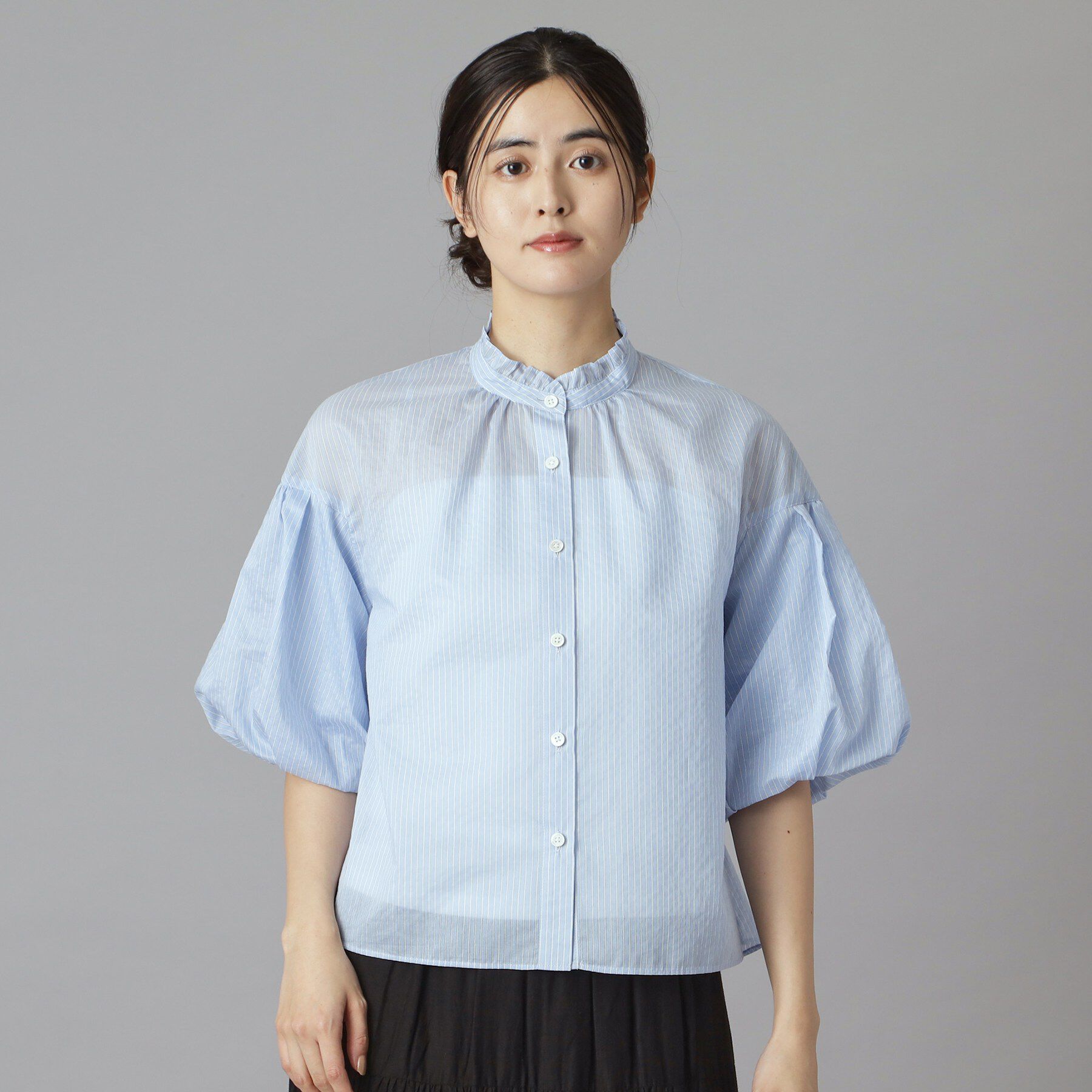 DRESSTERIOR「【1枚で着映え/ウォッシャブル】ストライプスタンドフリルボリュームスリーブブラウス」|シャツ・ブラウス|