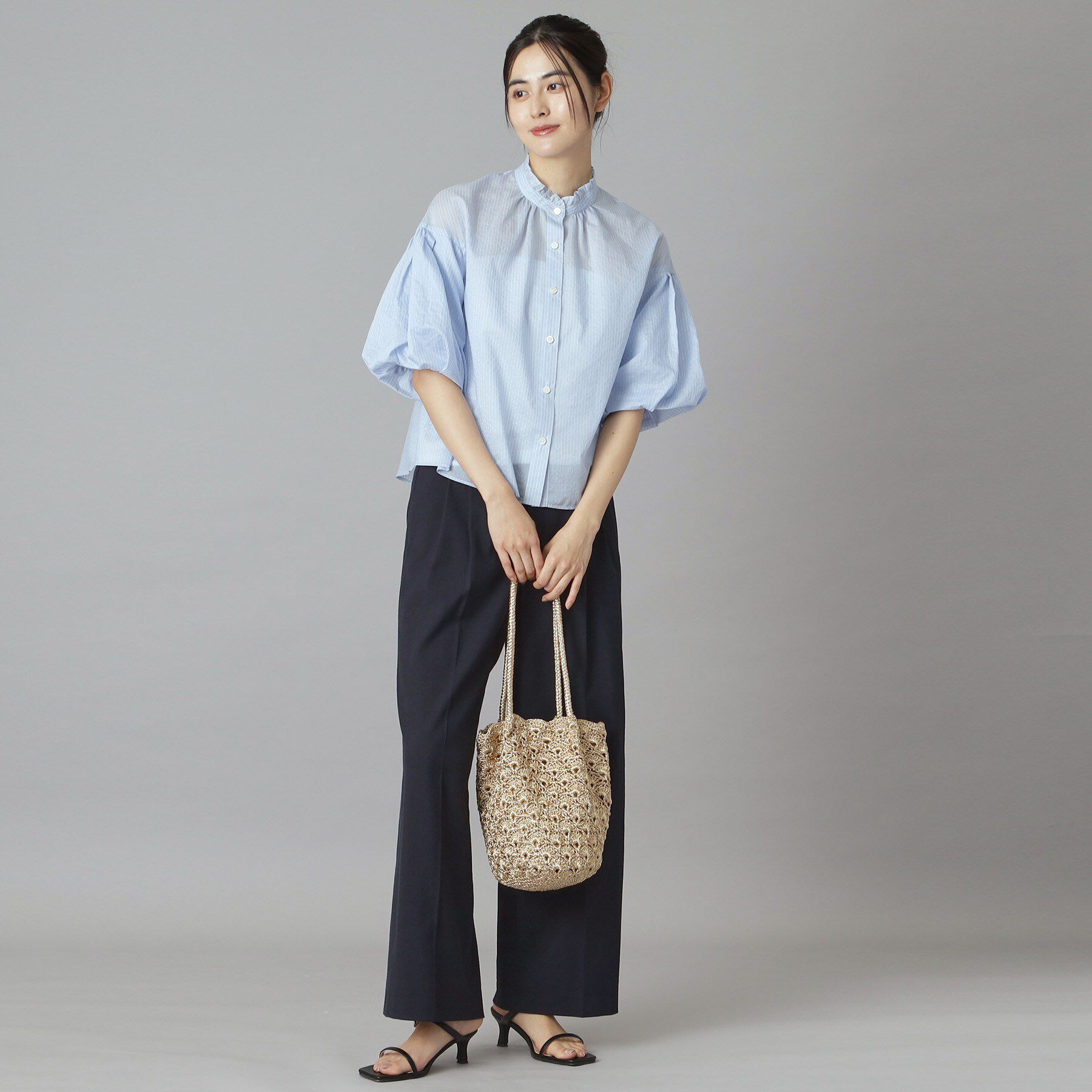 DRESSTERIOR「【1枚で着映え/ウォッシャブル】ストライプスタンドフリルボリュームスリーブブラウス」|シャツ・ブラウス|