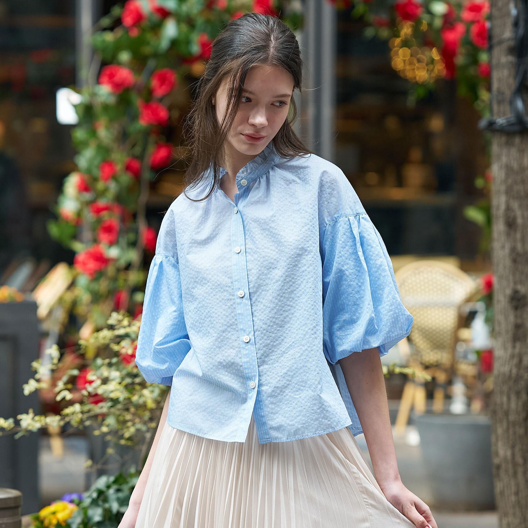 DRESSTERIOR「【1枚で着映え/ウォッシャブル】ストライプスタンドフリルボリュームスリーブブラウス」|シャツ・ブラウス|