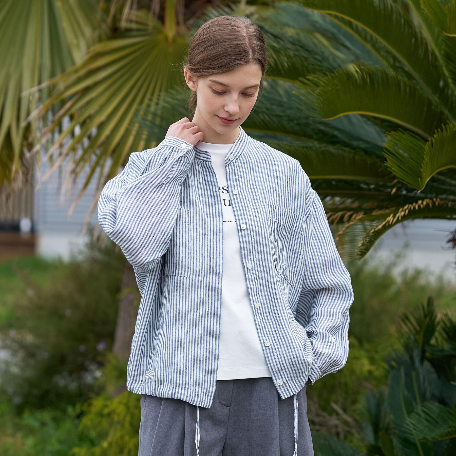 DRESSTERIOR「【ウォッシャブル/2WAY】ストライプリネン ドロストシャツ」|シャツ・ブラウス|