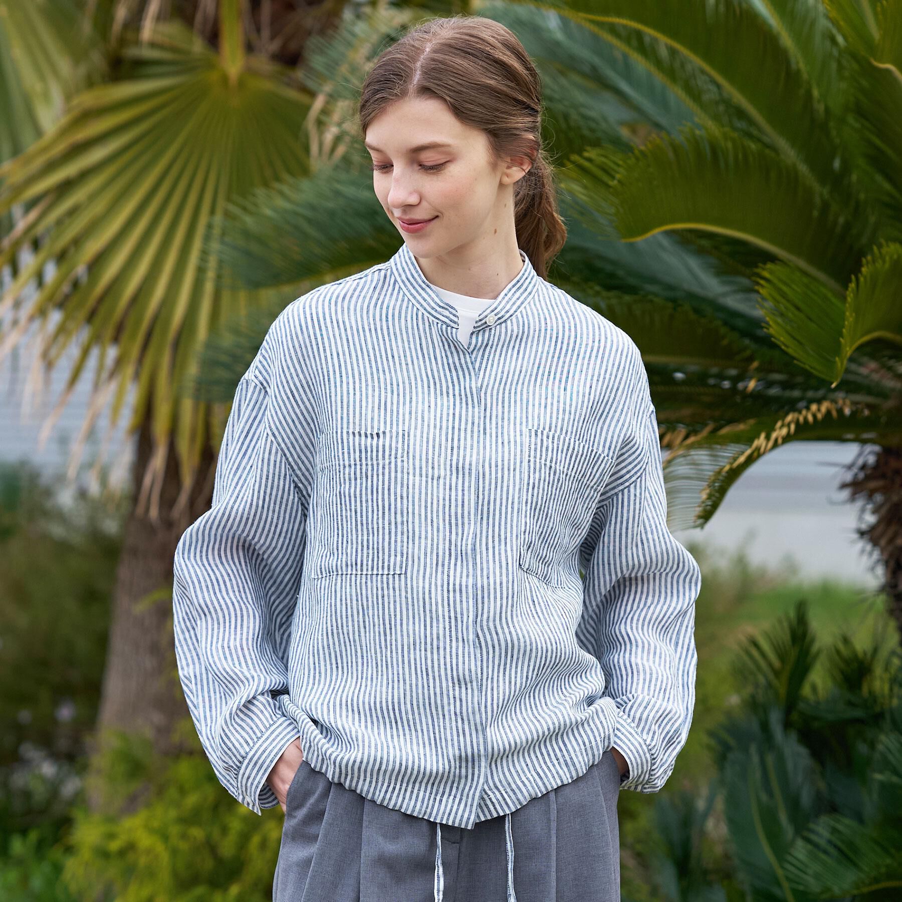 DRESSTERIOR「【ウォッシャブル/2WAY】ストライプリネン ドロストシャツ」|シャツ・ブラウス|