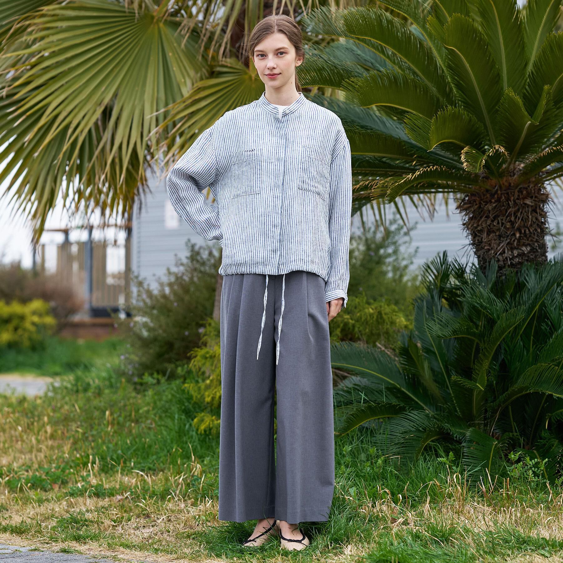 DRESSTERIOR「【ウォッシャブル/2WAY】ストライプリネン ドロストシャツ」|シャツ・ブラウス|