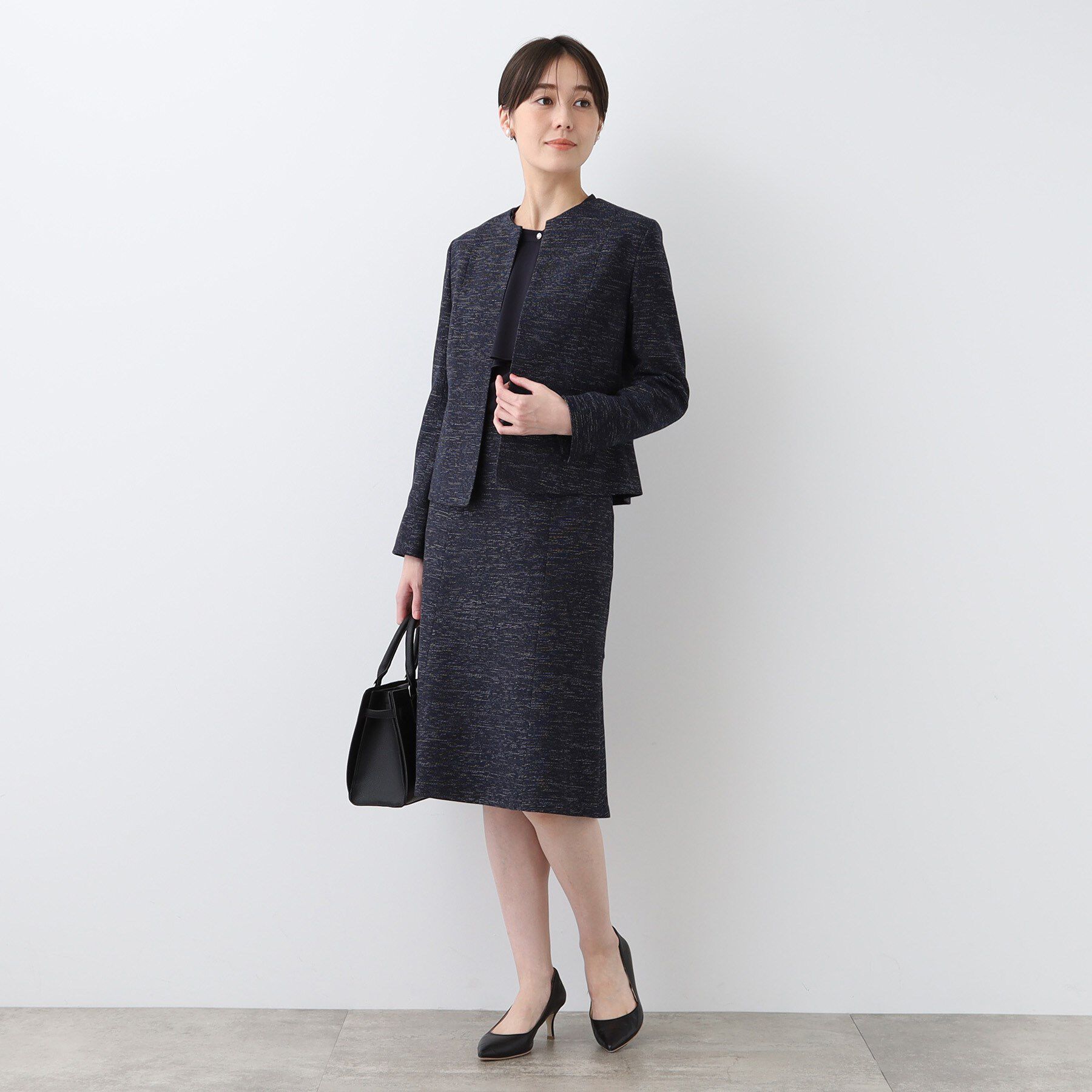 INDIVI「【洗える】ストレッチツィードジャケット」|ノーカラージャケット|