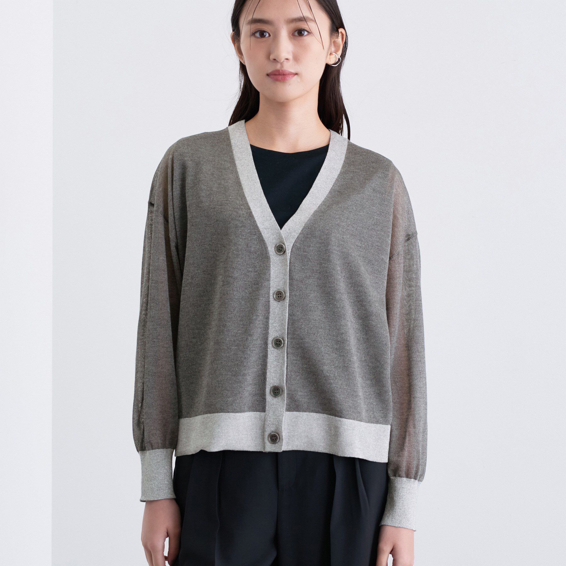 INDIVI「【程よいシアー素材/洗える】バイカラーラメカーディガン」|カーディガン|