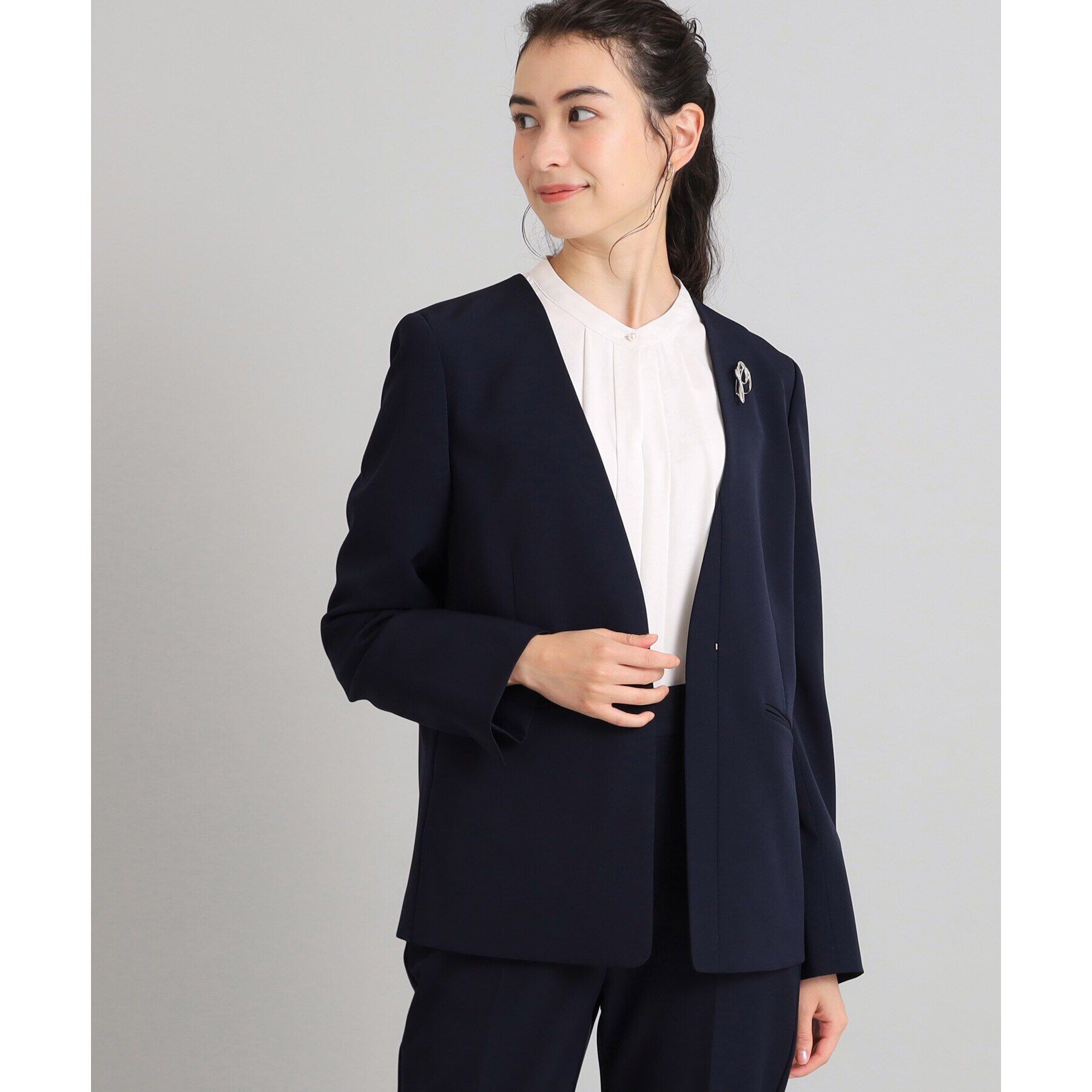 OPAQUE.CLIP「≪通勤・セレモニー/セットアップ対応≫ Vネックジャケット/ダブルクロス【洗濯機洗い可】」|ノーカラージャケット|