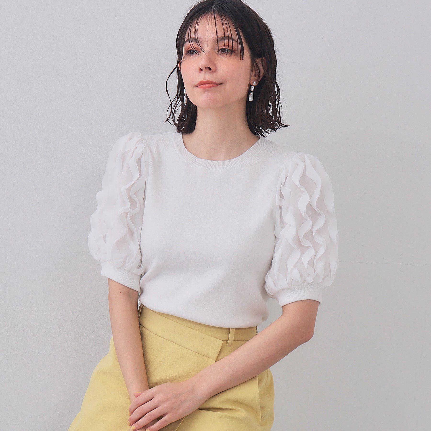 OPAQUE.CLIP「フリルスリーブデザインニット【洗濯機洗い可】」|Tシャツ・カットソー|ホワイト(001)