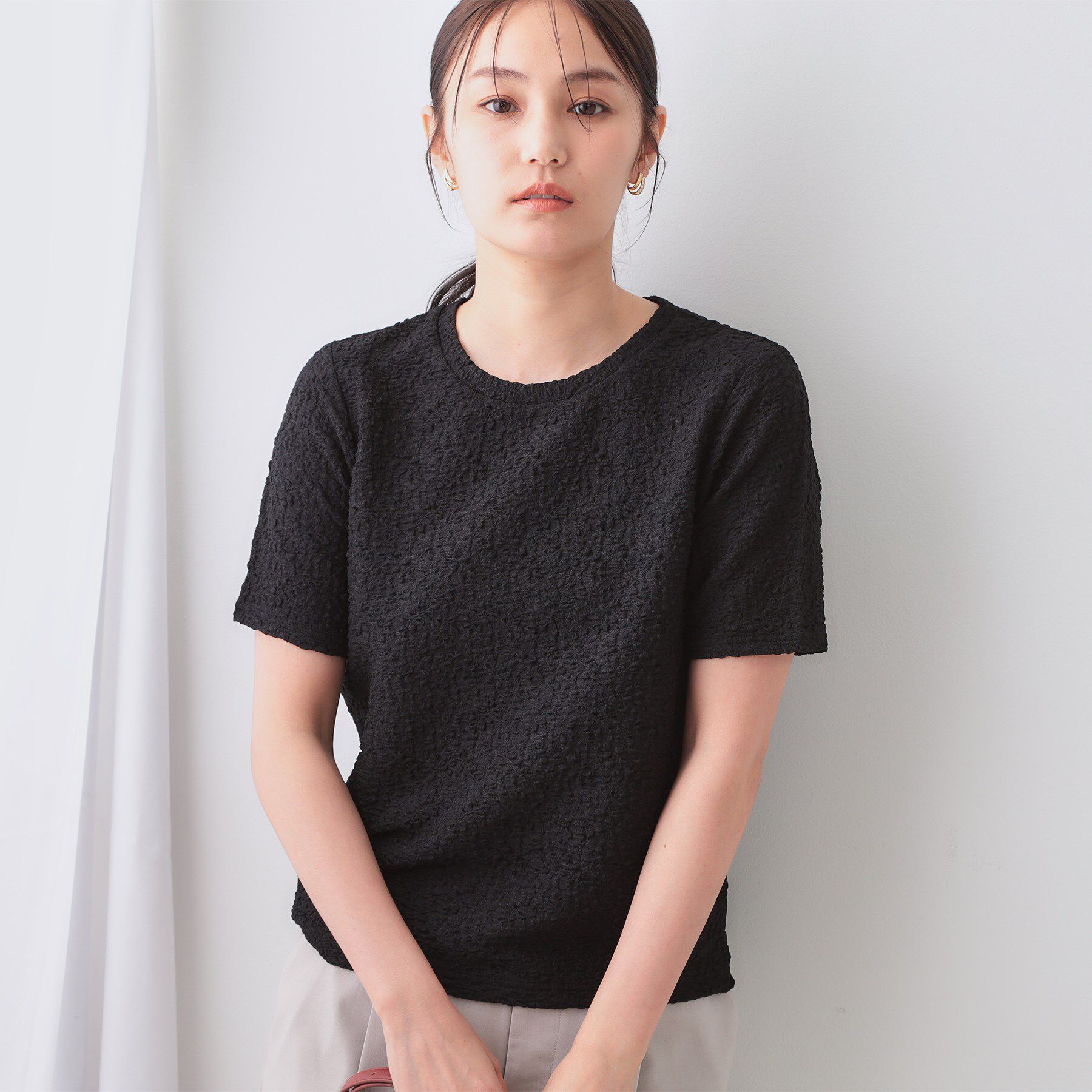 OPAQUE.CLIP「ふくれジャカードショートカットソー【洗濯機洗い可】」|Tシャツ・カットソー|ブラック(019)