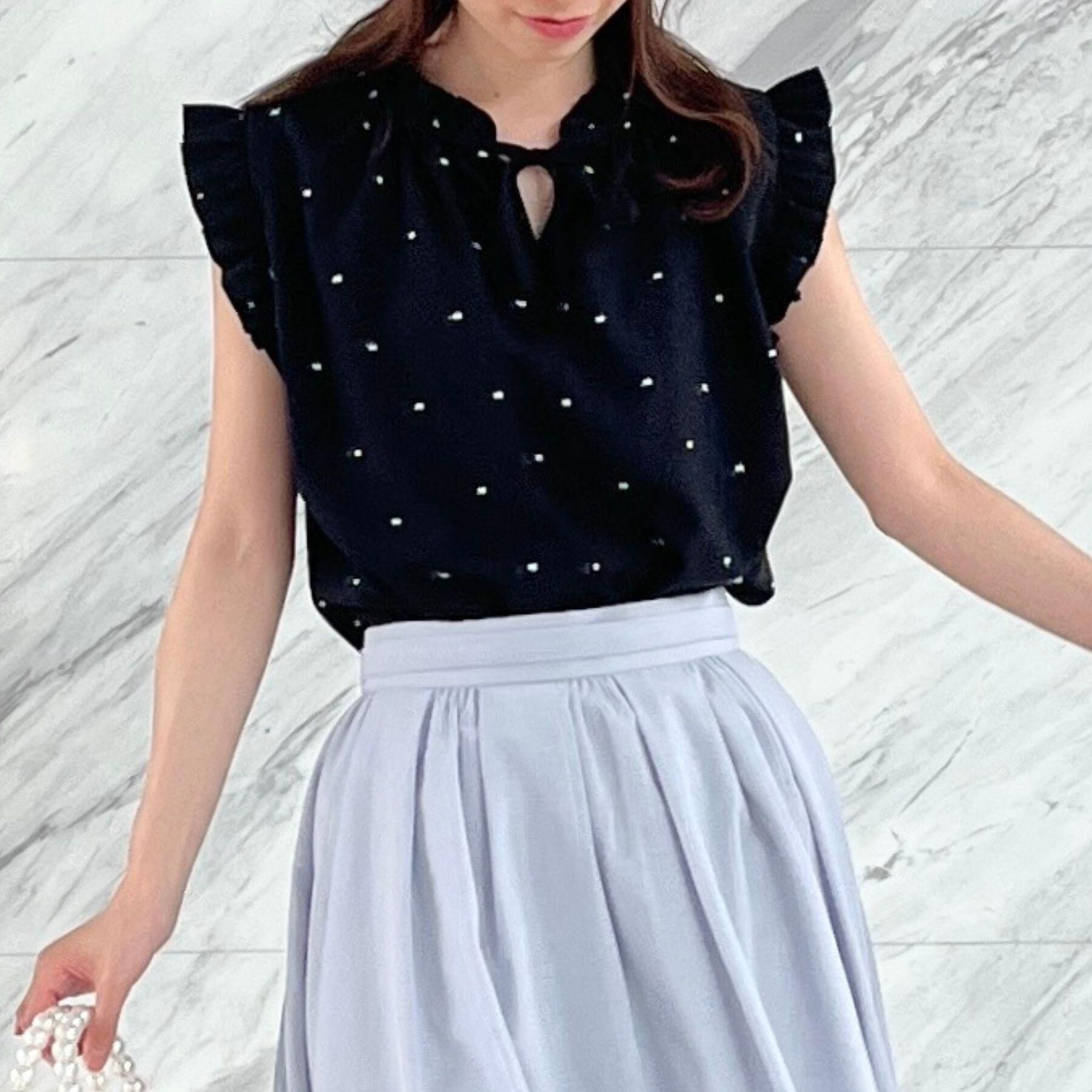 Couture broach「【マシンウォッシャブル】ドット刺繍リボンデザインブラウス」|シャツ・ブラウス|