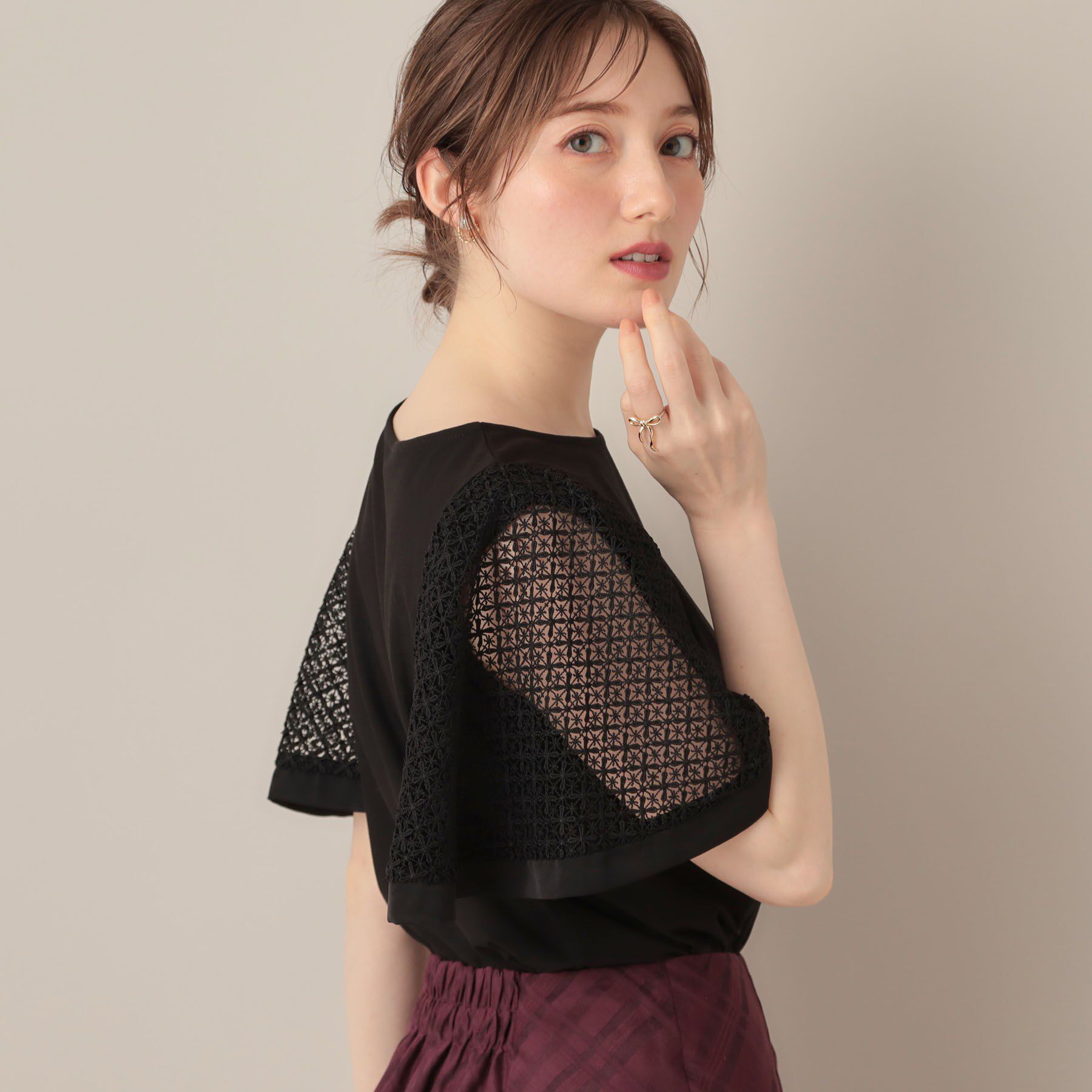 Couture broach「【接触冷感・5分袖】ケミカルレースフレアスリーブトップス」|Tシャツ・カットソー|