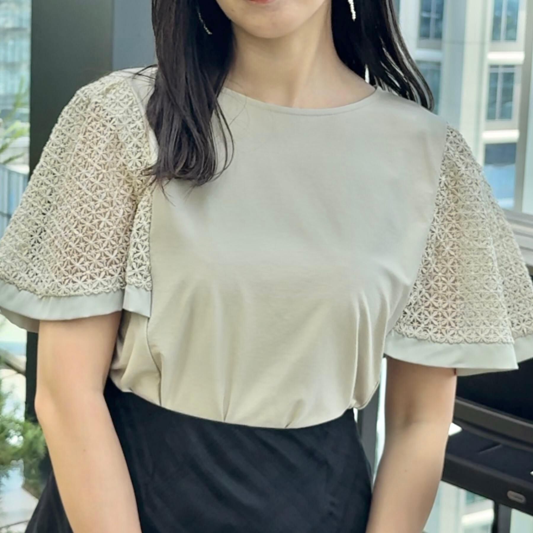 Couture broach「【接触冷感・5分袖】ケミカルレースフレアスリーブトップス」|Tシャツ・カットソー|