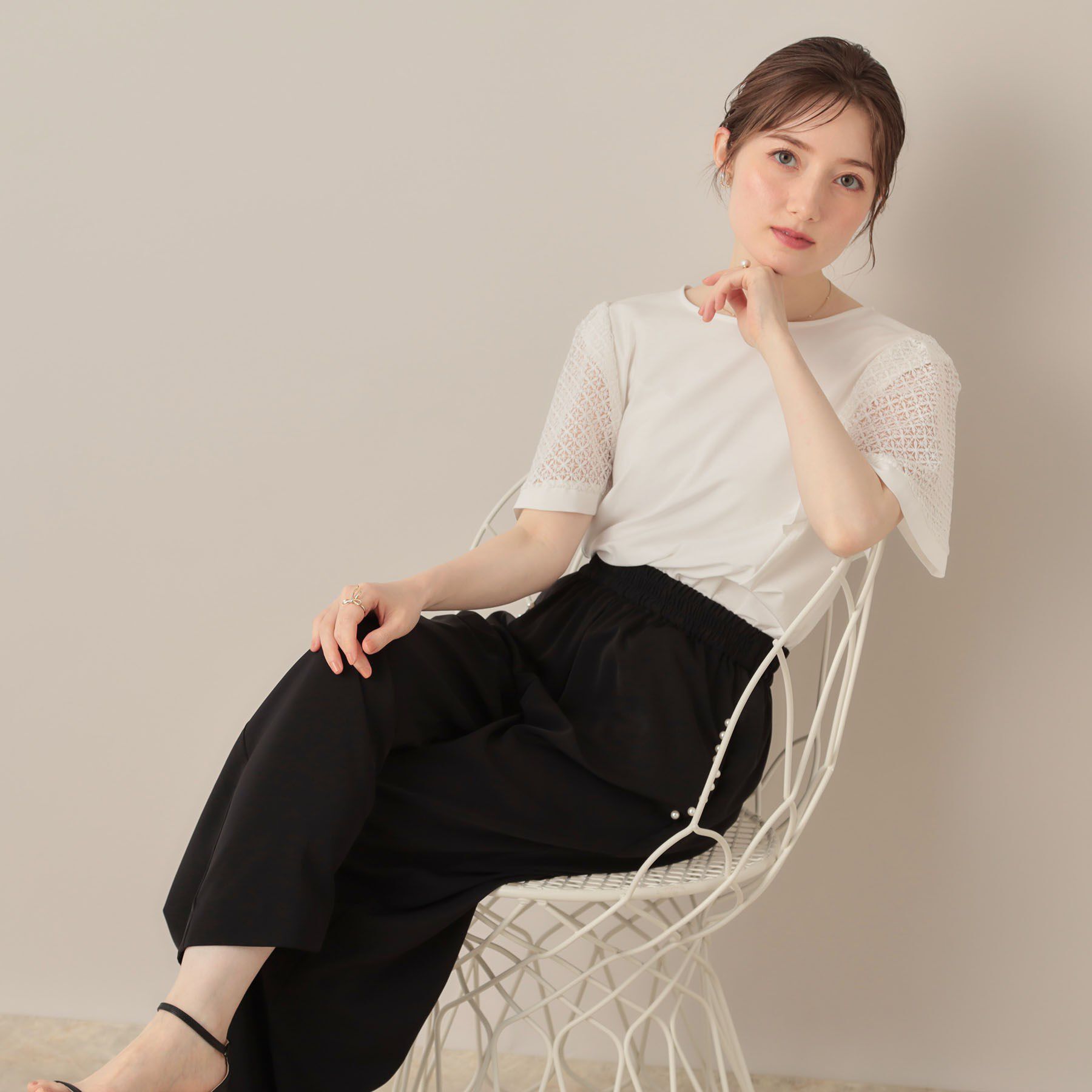 Couture broach「【接触冷感・5分袖】ケミカルレースフレアスリーブトップス」|Tシャツ・カットソー|