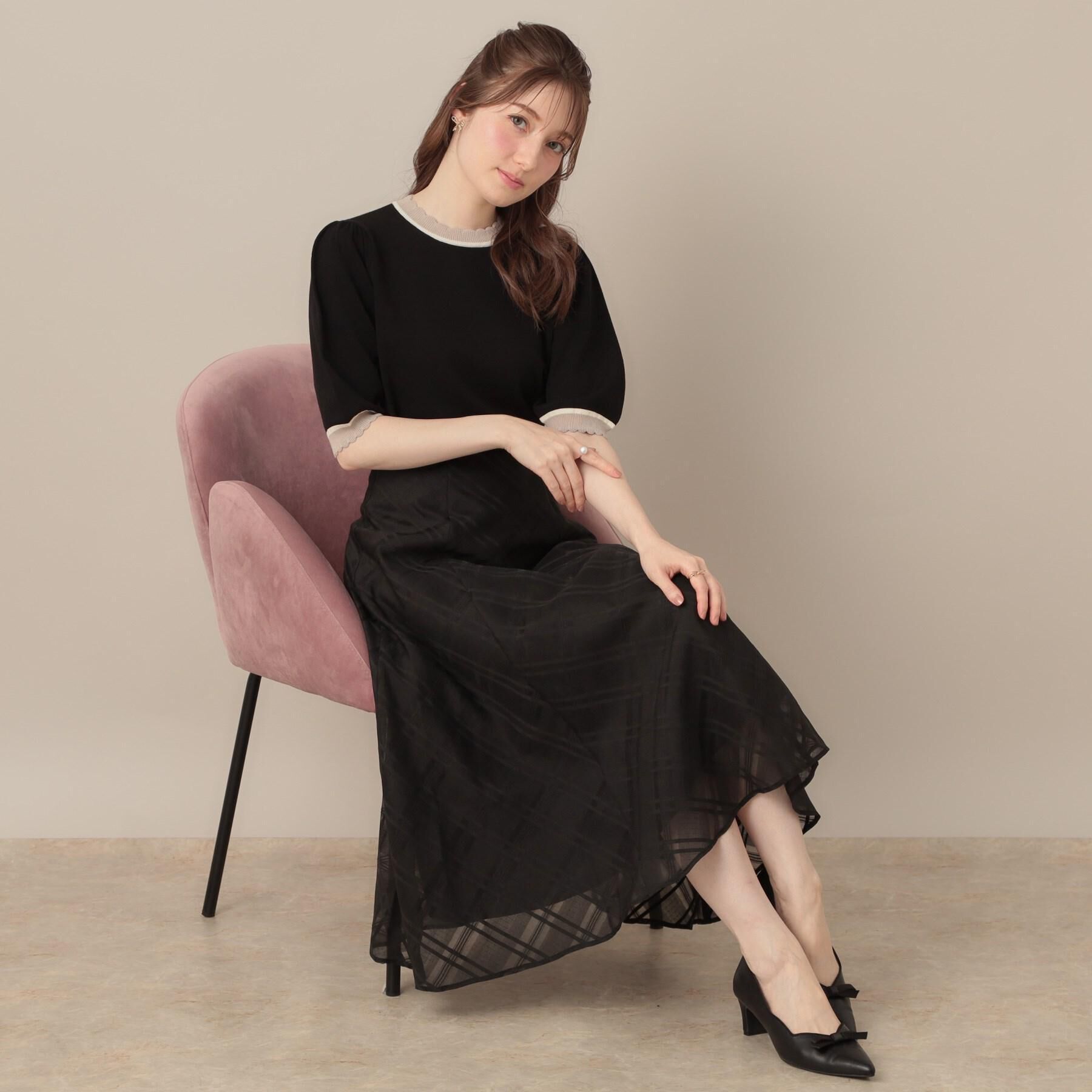 Couture broach「【美シルエット・通勤】シアーチェックオーガンジースカート」|スカート|ブラック(019)