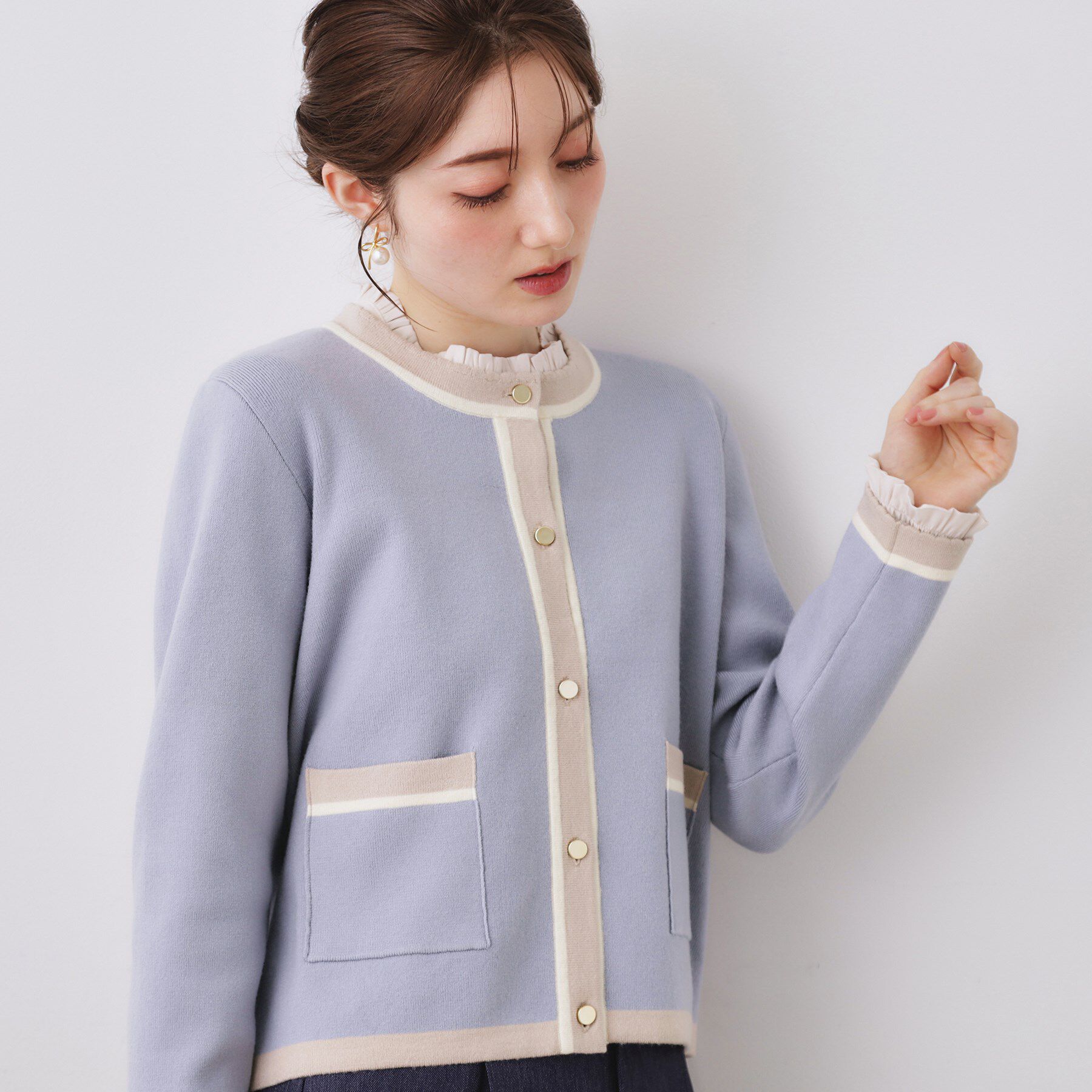 Couture broach「【ハレの日・通勤・着映え】配色 総針カーディガン」|カーディガン|