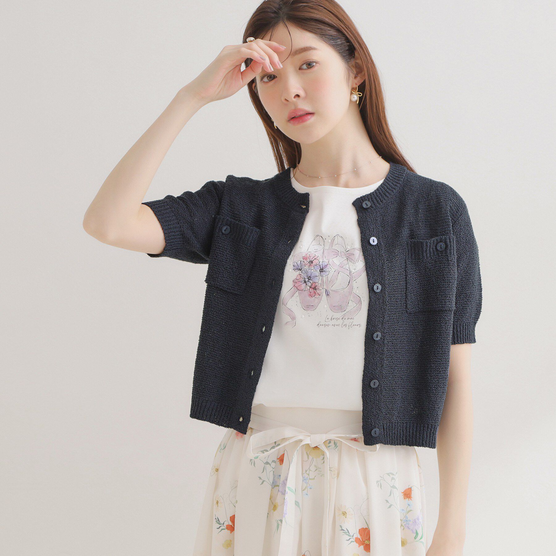 Couture broach「ポケット付き半袖カーディガン」|カーディガン|ネイビー(094)