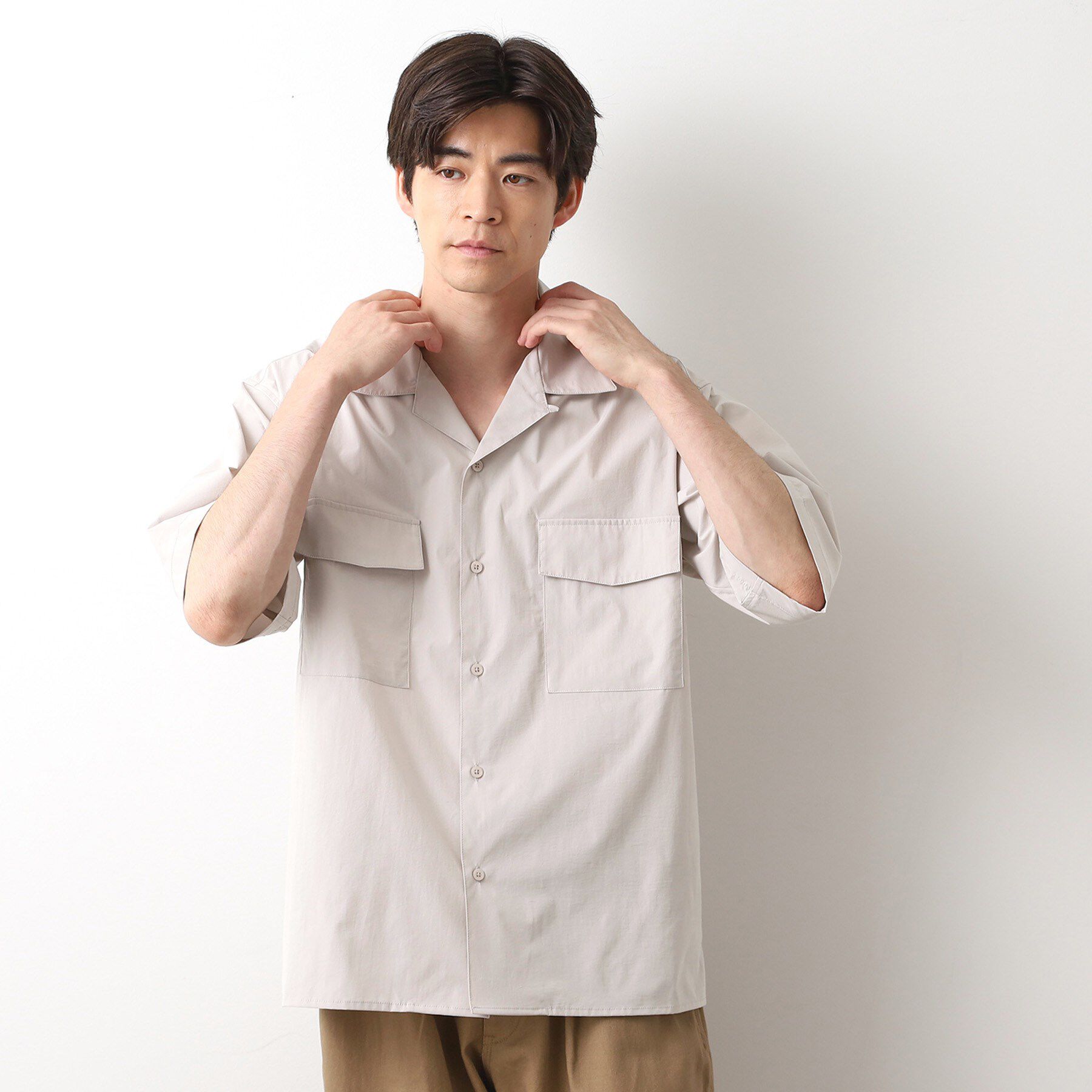 THE SHOP TK「CAVEダブルフラップ半袖シャツ【吸水速乾／ストレッチ／洗濯機OK】」|シャツ・ブラウス|ライトベージュ(05