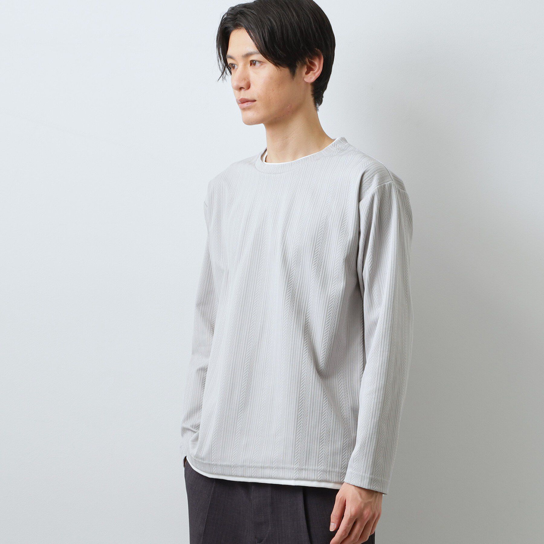 THE SHOP TK「【程よく品のある着こなし】ジャカード フェイクレイヤード長袖Tシャツ 洗濯機OK」|Tシャツ・カットソー|