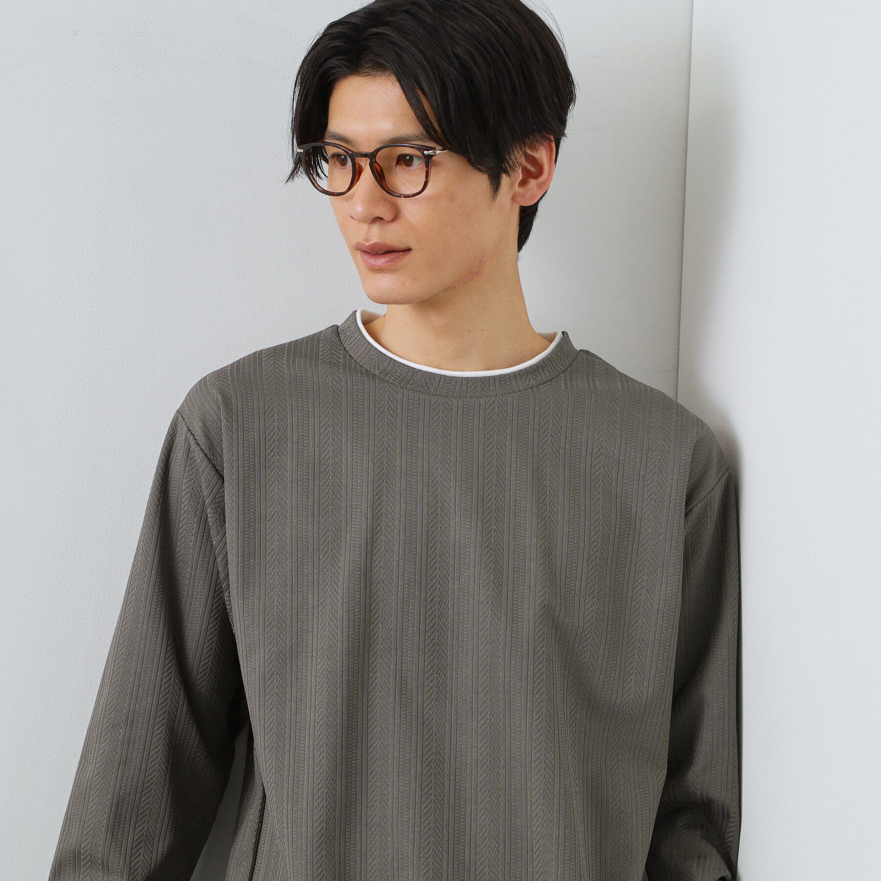 THE SHOP TK「【程よく品のある着こなし】ジャカード フェイクレイヤード長袖Tシャツ 洗濯機OK」|Tシャツ・カットソー|