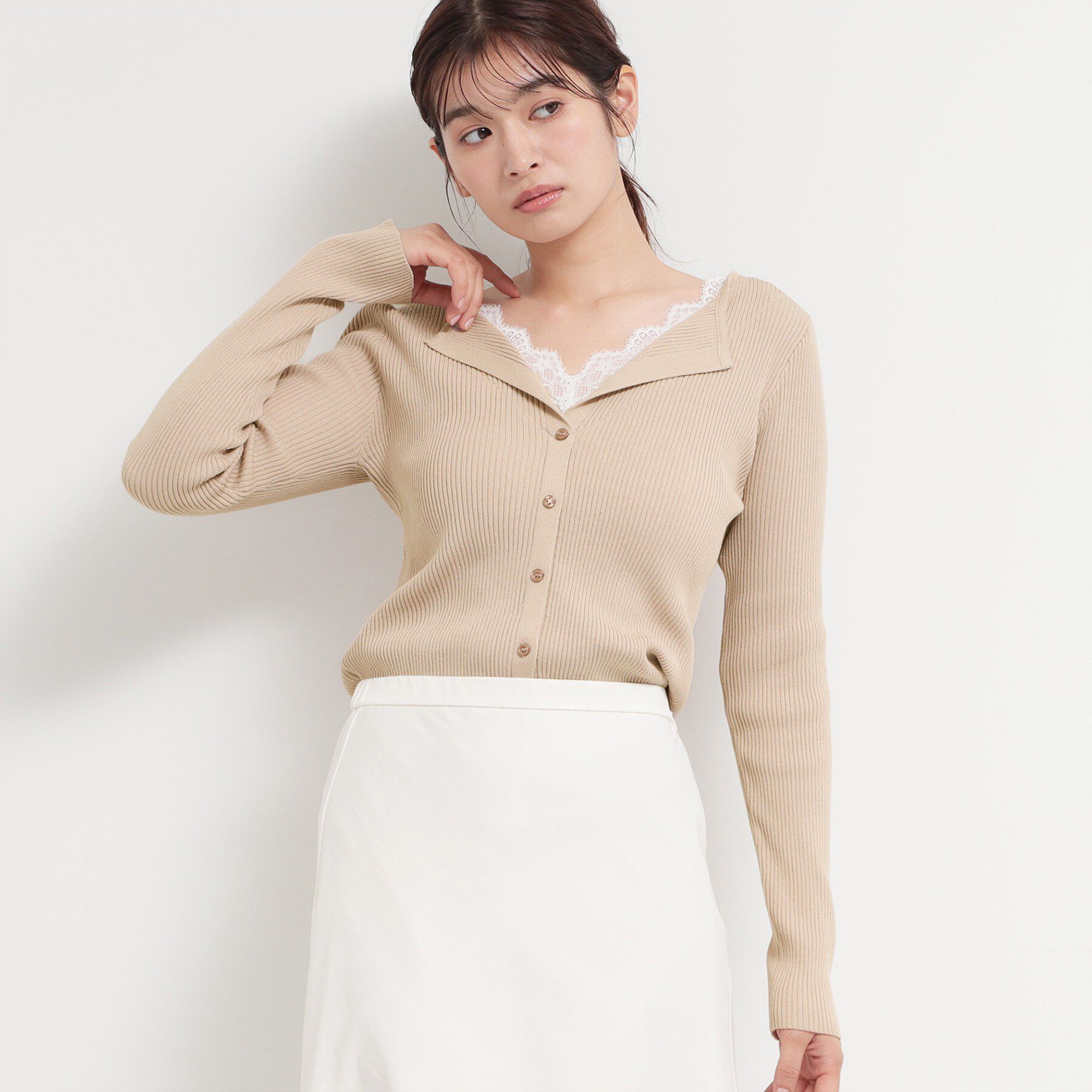 THE SHOP TK「レースレイヤードリブニット」|ニット・セーター|ベージュ(052)