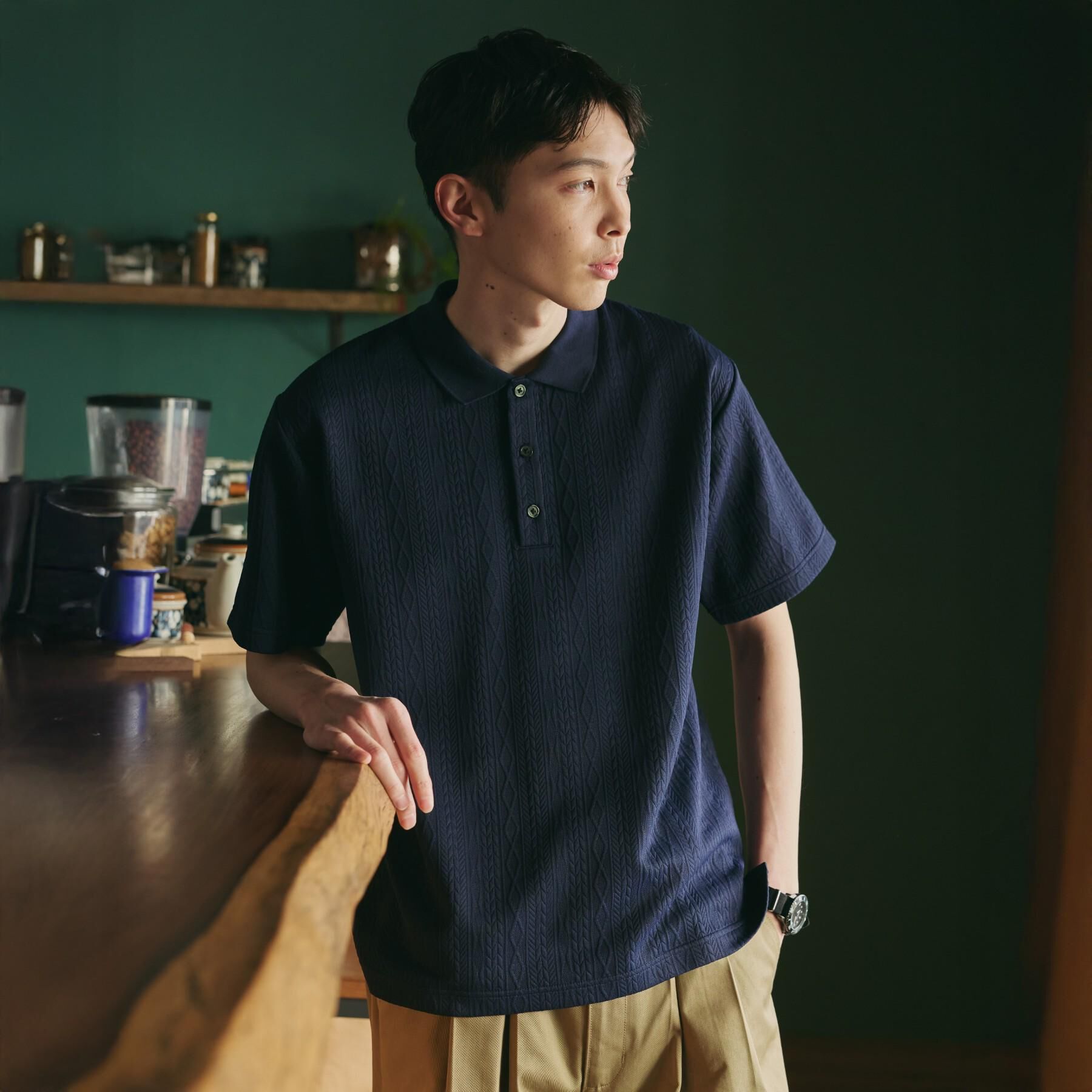 THE SHOP TK「【シンプルすぎない大人の表情】ケーブルフクレポロシャツ 吸水速乾/UVケア/洗濯機OK」|ポロシャツ|