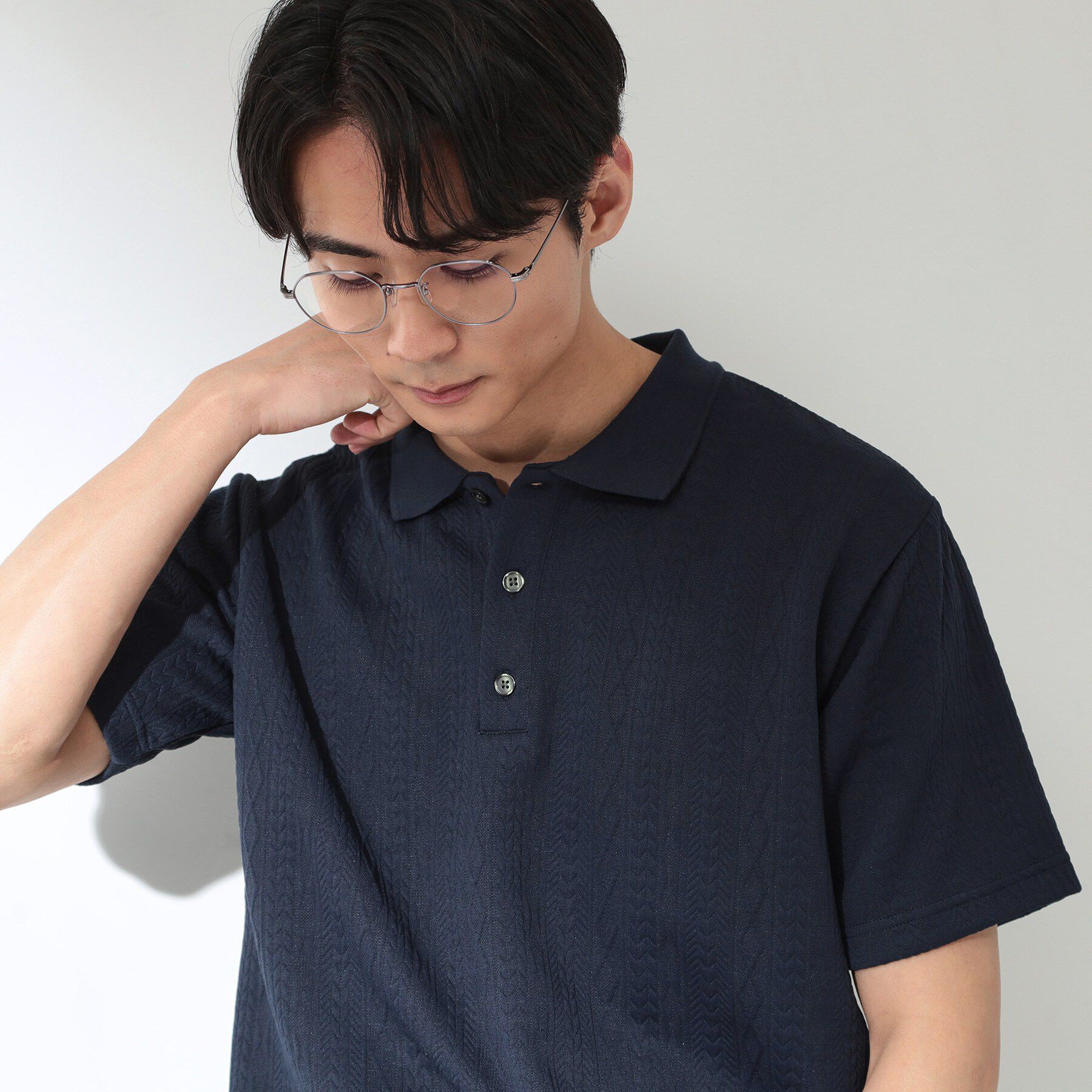 THE SHOP TK「【シンプルすぎない大人の表情】ケーブルフクレポロシャツ 吸水速乾/UVケア/洗濯機OK」|ポロシャツ|