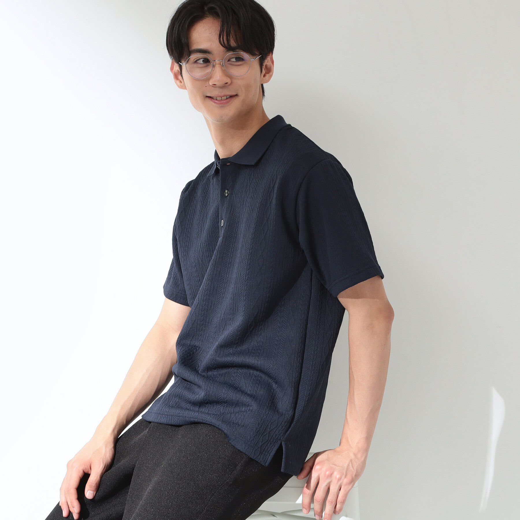 THE SHOP TK「【シンプルすぎない大人の表情】ケーブルフクレポロシャツ 吸水速乾/UVケア/洗濯機OK」|ポロシャツ|