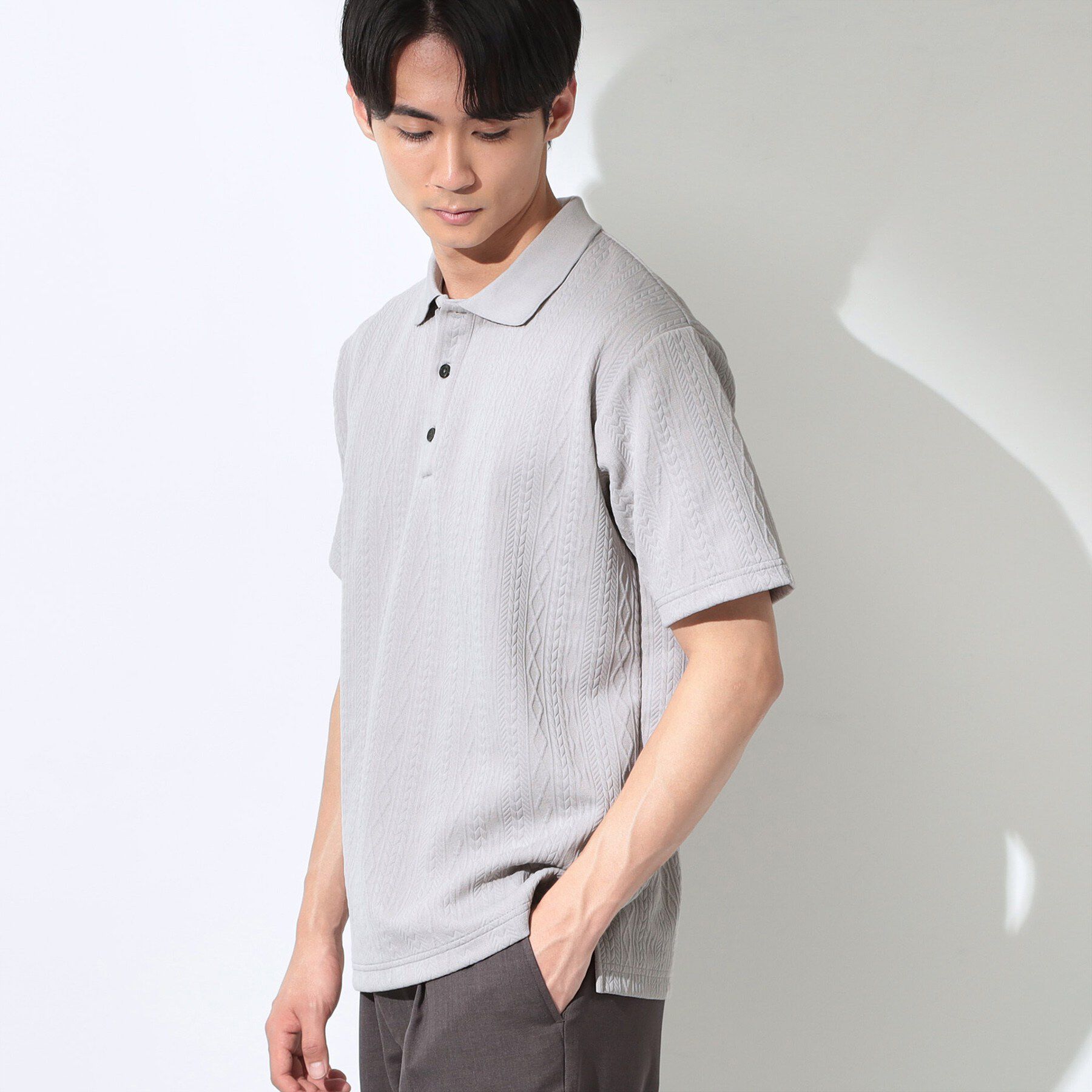 THE SHOP TK「【シンプルすぎない大人の表情】ケーブルフクレポロシャツ 吸水速乾/UVケア/洗濯機OK」|ポロシャツ|