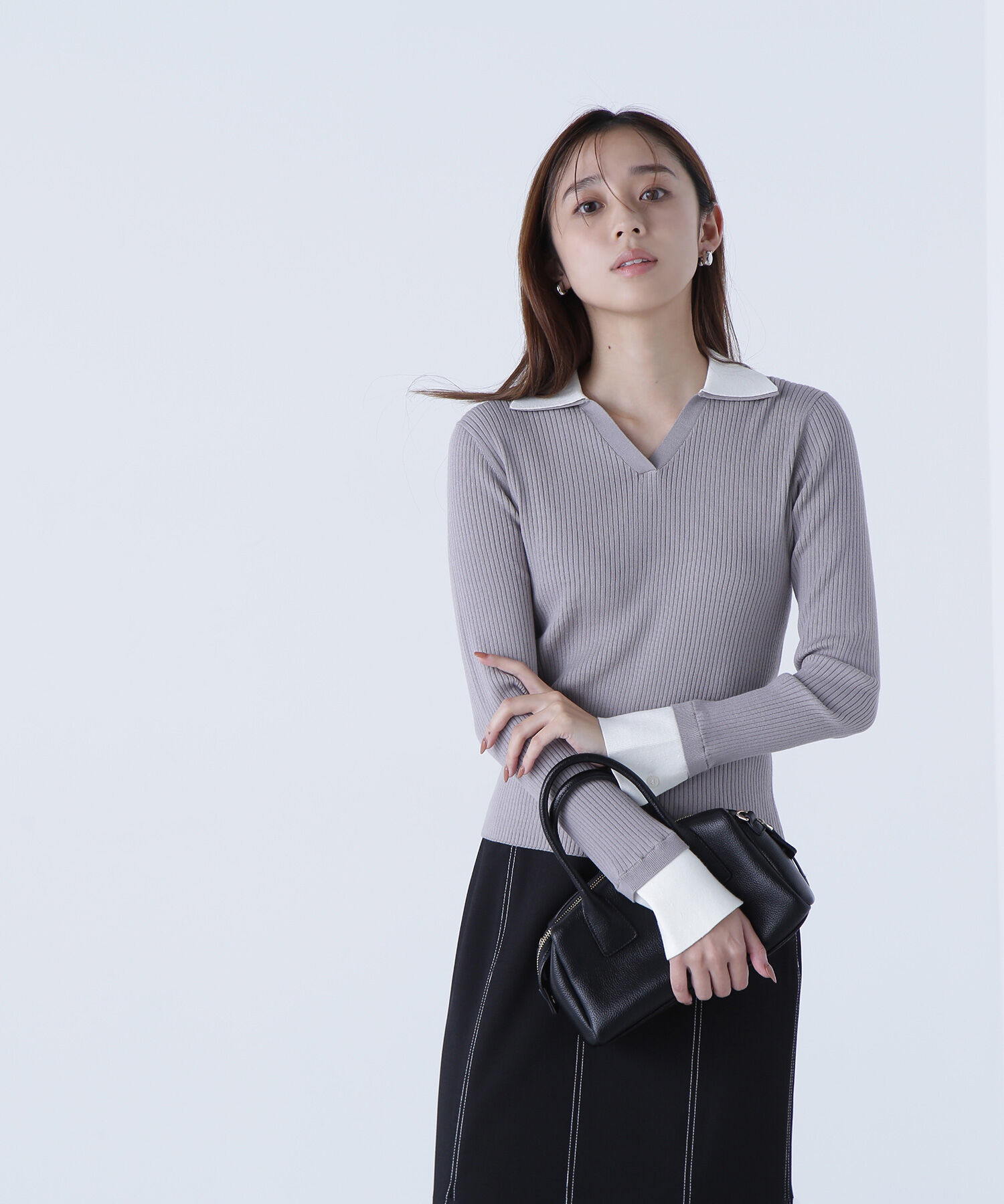  「ダブルカラーVネックリブニット」|ニット・セーター|