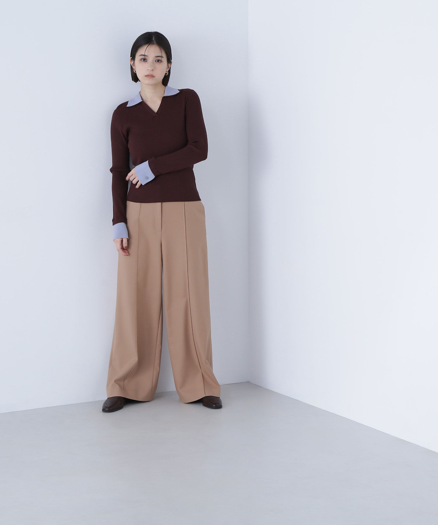  「ダブルカラーVネックリブニット」|ニット・セーター|