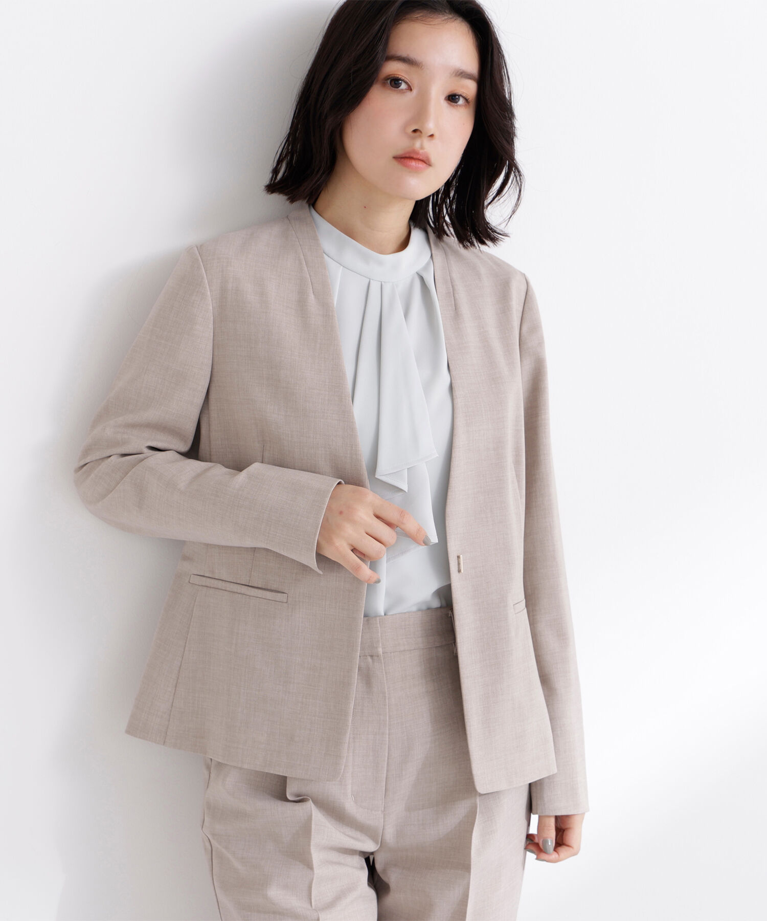  「リネンライク SETUP ノーカラージャケット」|その他|ベージュ