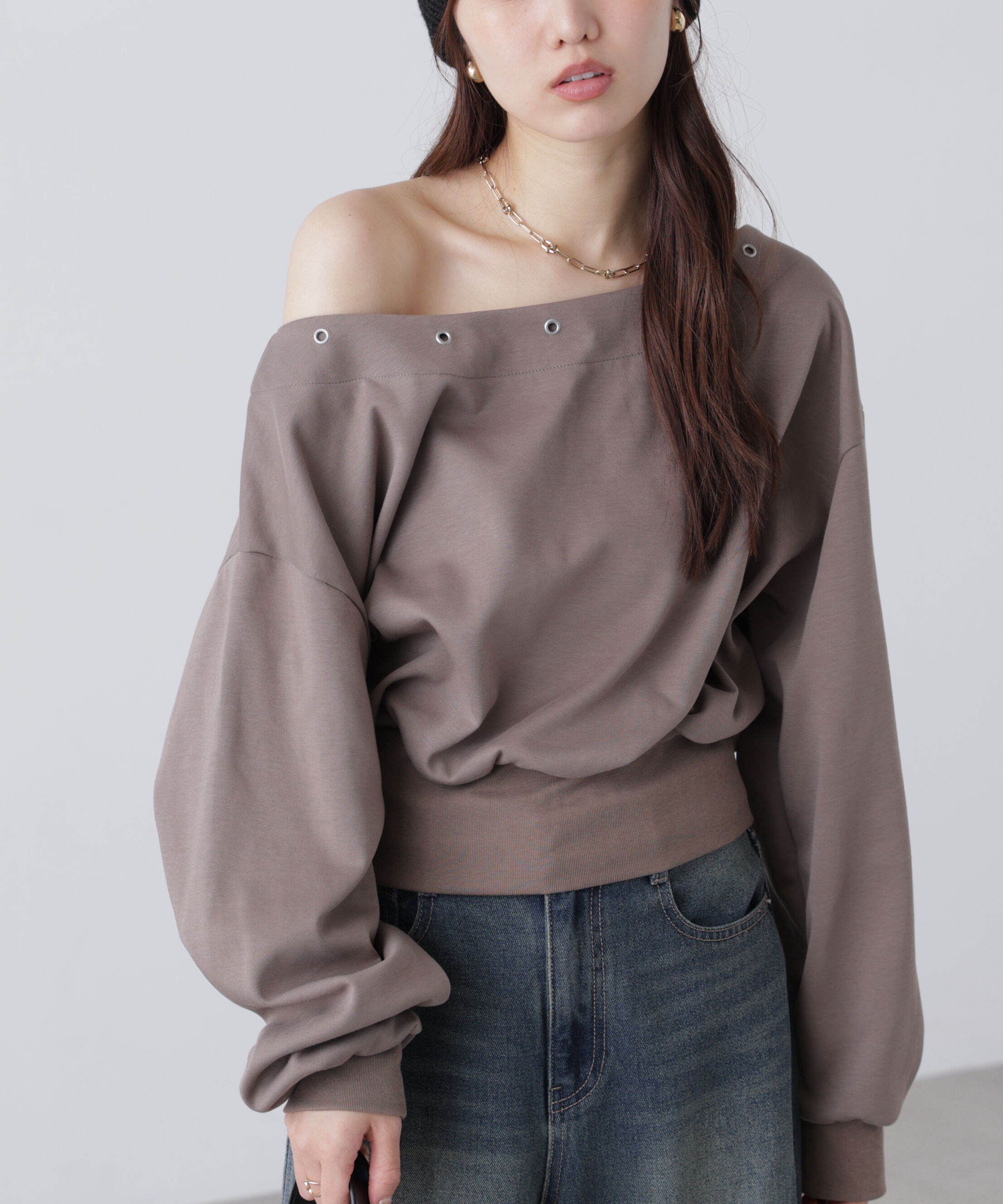 「ハトメオフショルスウェット」|Tシャツ・カットソー|モカ