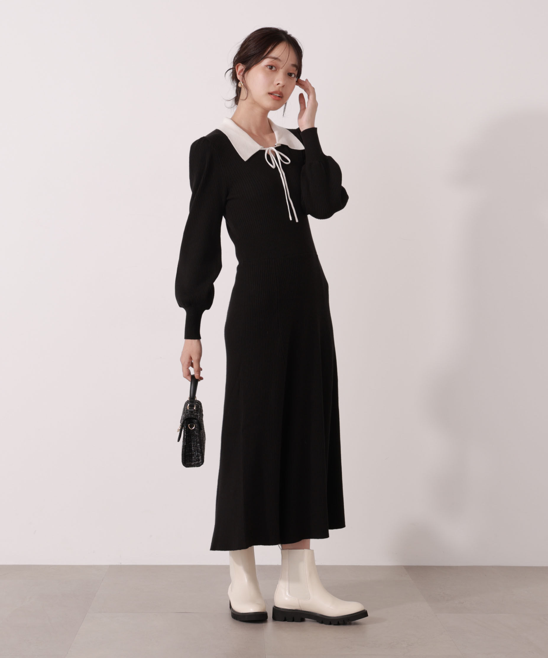 PROPORTION BODY DRESSING「リボン衿付きニットワンピース」|ワンピース|ブラック&times;ホワ