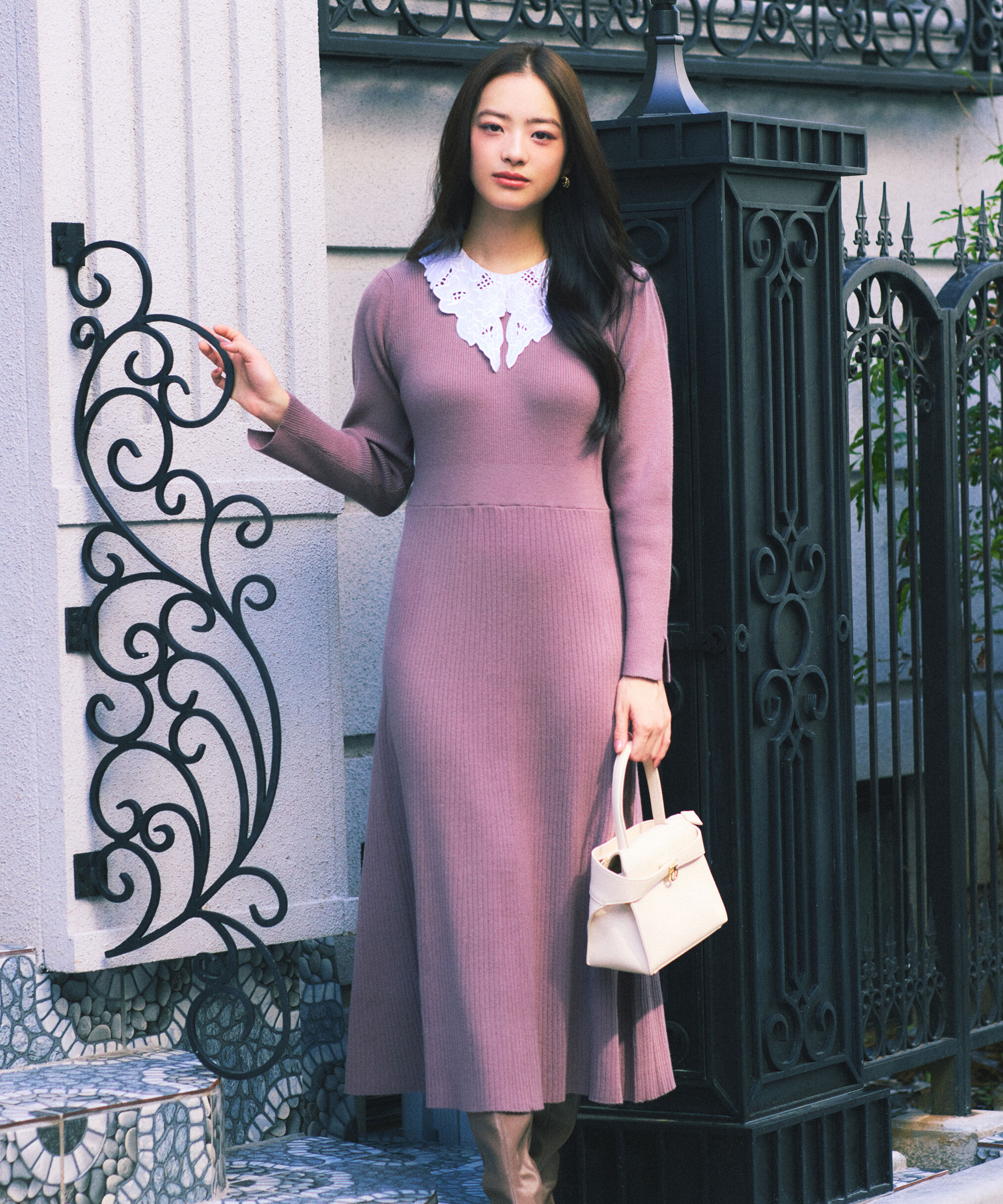 PROPORTION BODY DRESSING「レース襟付きニットワンピース」|ワンピース|モカ1