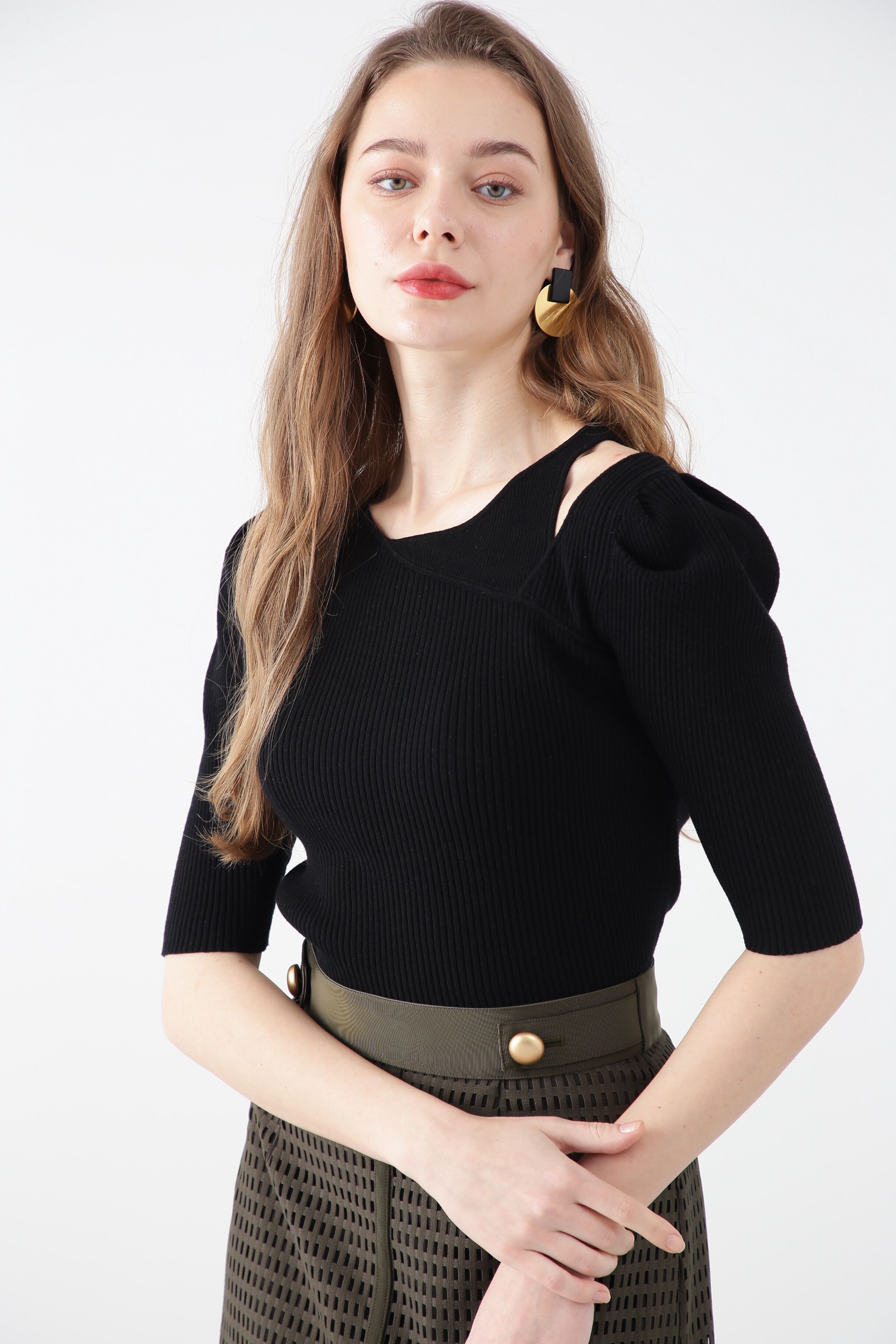  「◆アシンメトリーネックニットトップス」|ニット・セーター|ブラック