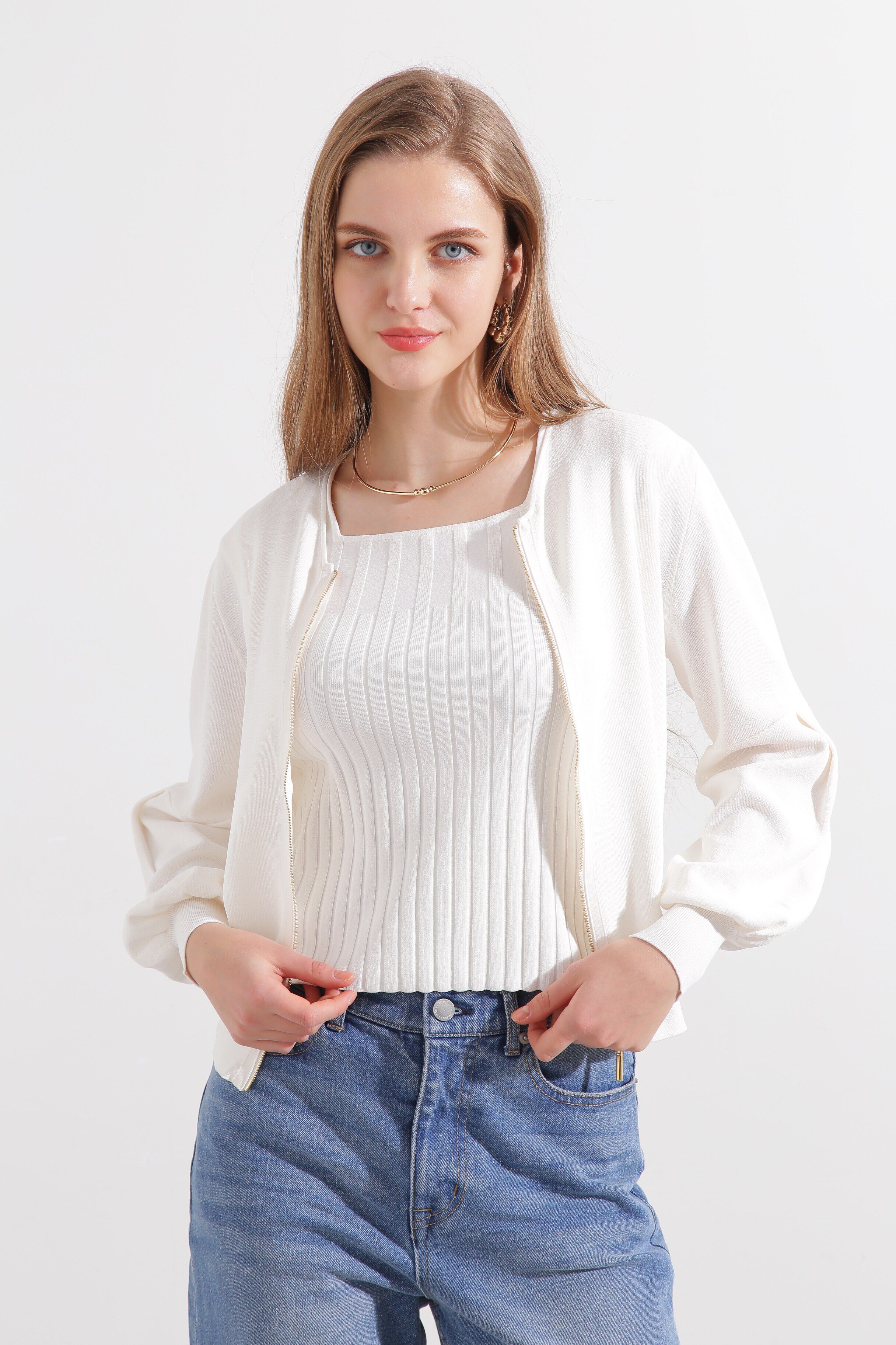  「ジップアップニットブルゾン」|その他|ホワイト